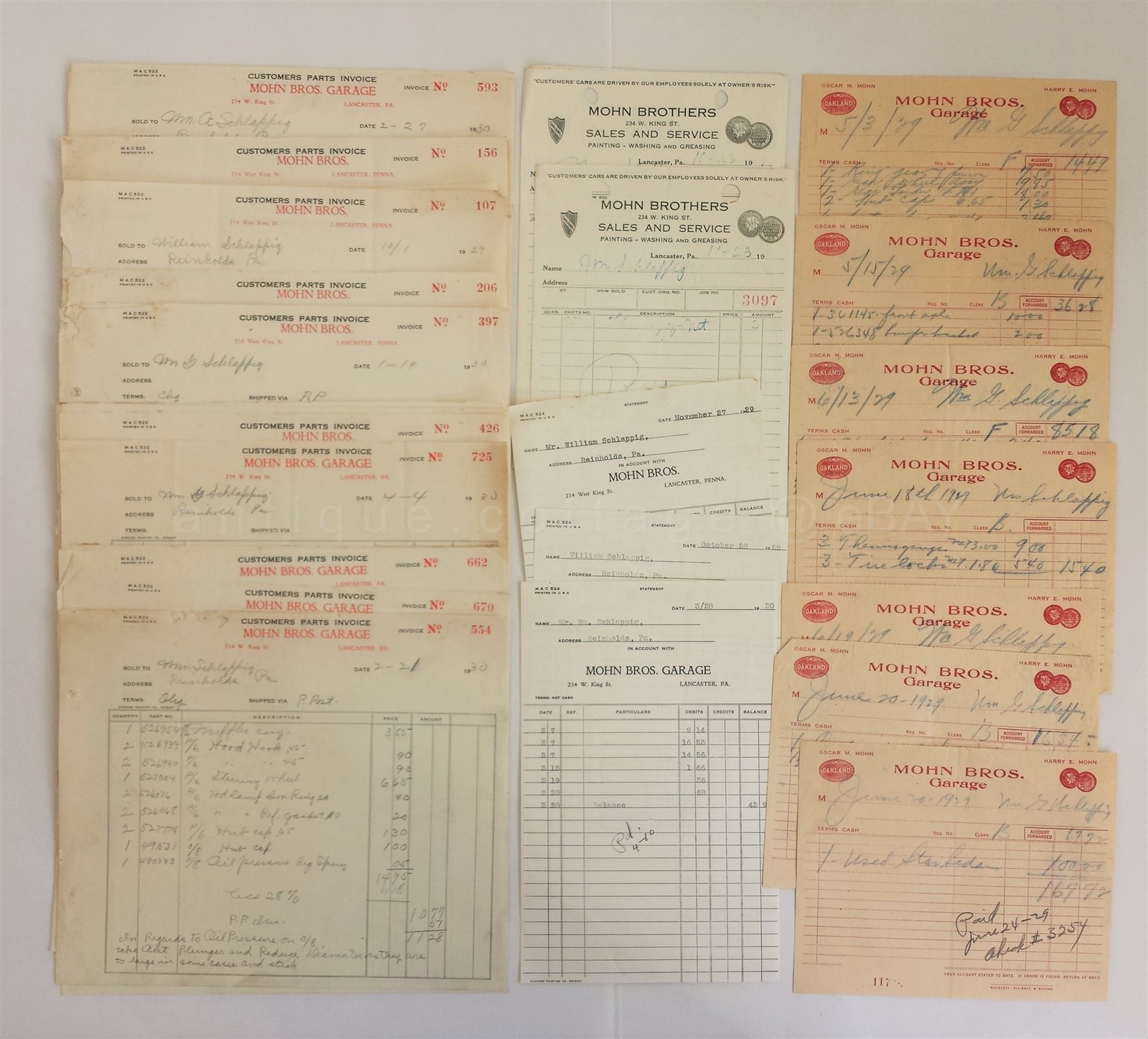 LOT 1929-30 antique 54pc SCHLAPPIG AUTO RECEIPTS reinholds pa MOHN BROS GARAGE