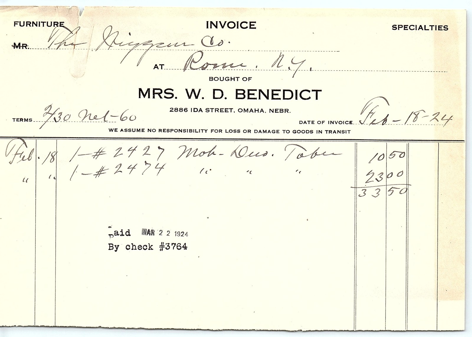 1924 Omaha Mrs. W.D. Benedict furniture invoice