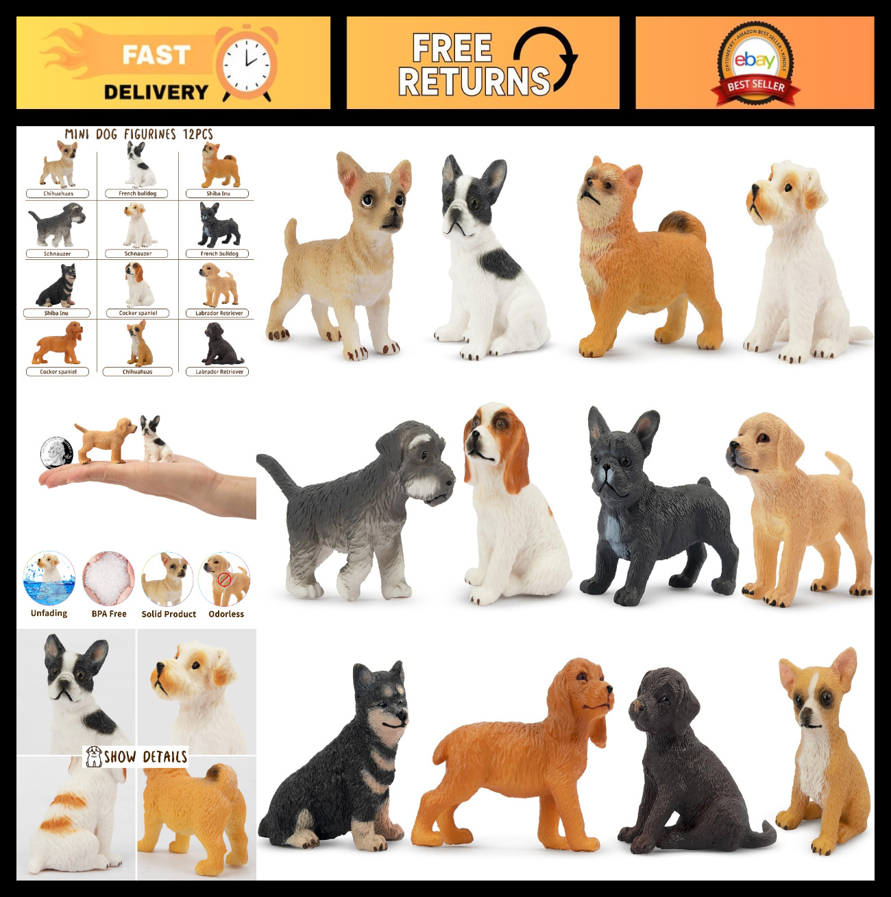 12PCS Mini Dog Figurines - Realistic Hand-Painted Puppy Figures, Lifelike Animal