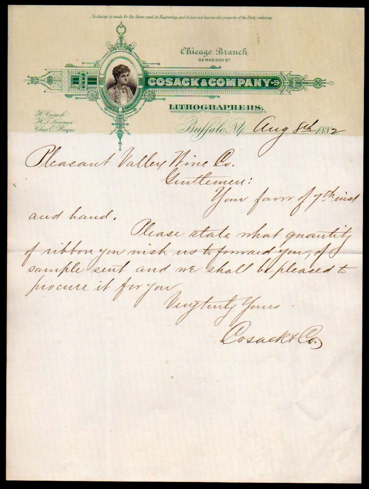 1882 Buffalo NY - Cosack & Co - Lithographers - Color Rare Letter Head Bill