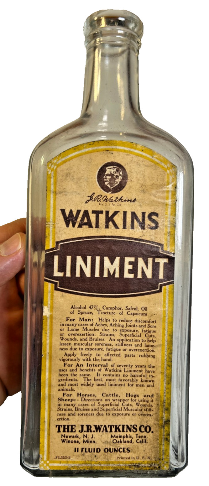 Vintage J.R. Watkins Liniment Bottle Trial Mark Embossed Label Winona, Minnesota