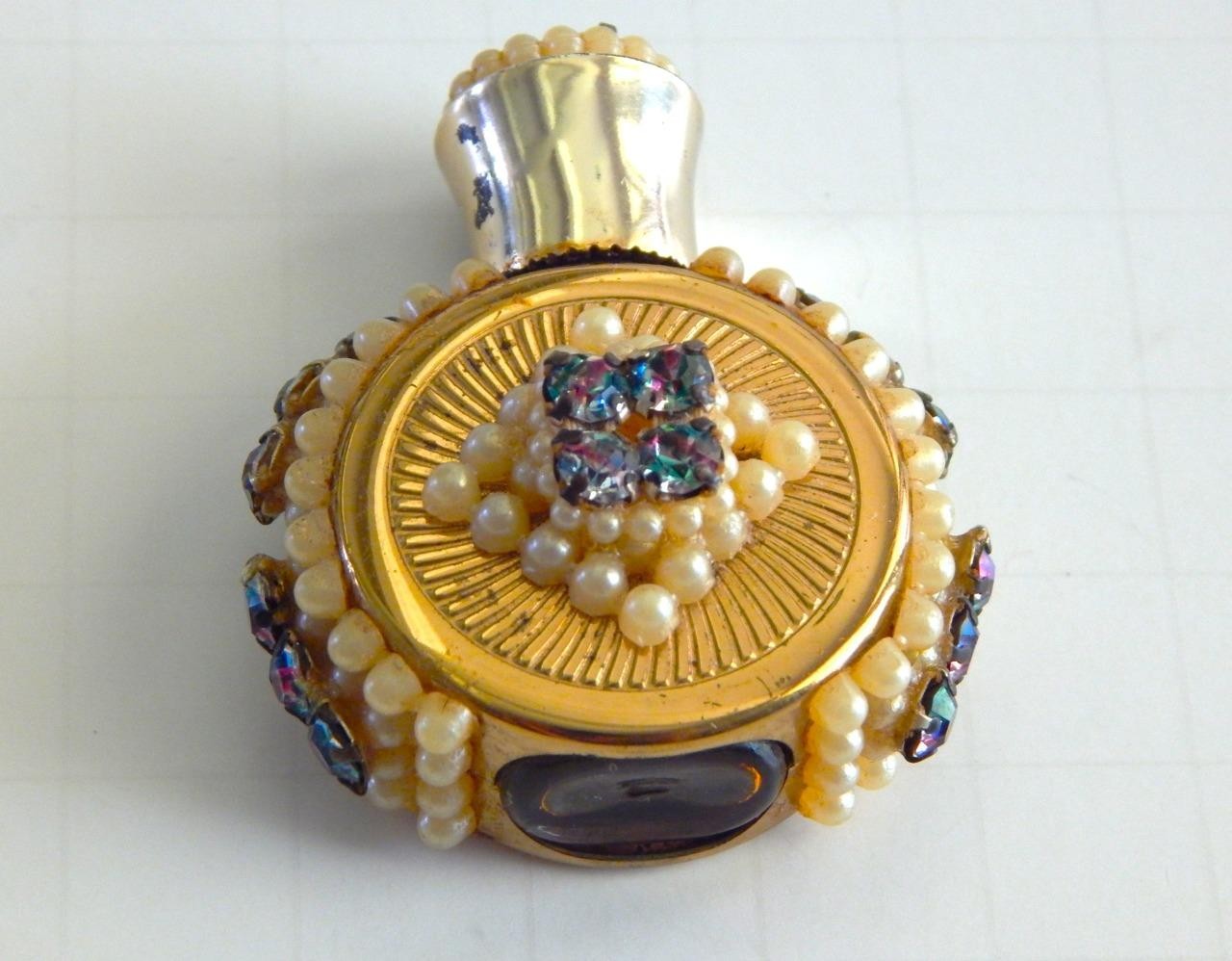 Vintage Small Purse Perfume w Pearls and Rhinestones on Metal Bottle