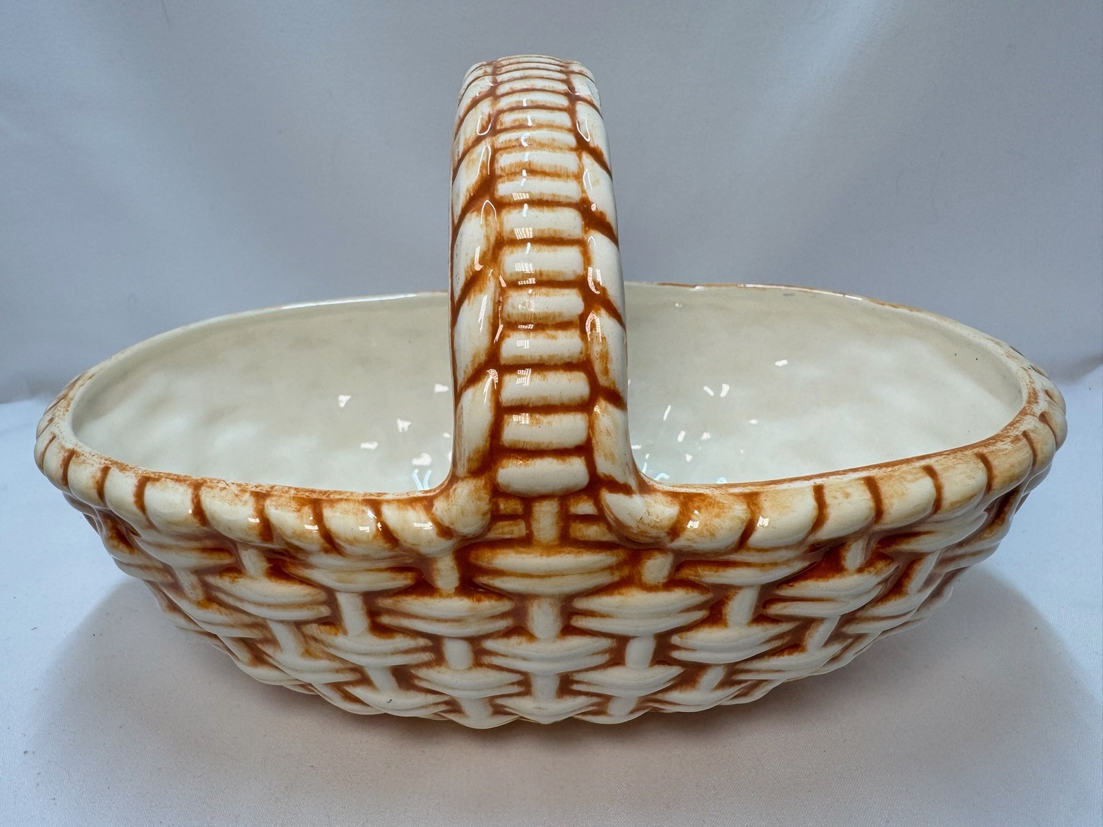 Vintage Glazed Ceramic Beige Basket Woven Pattern Handmade 1983 Farm Country EUC