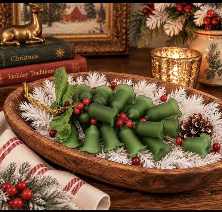 Vintage Frosted Bell Cluster Christmas Ornament Holly Berries Kitschy Green Vintage Frosted Bell Cluster Christmas Ornament Holly Berries Kitschy Green