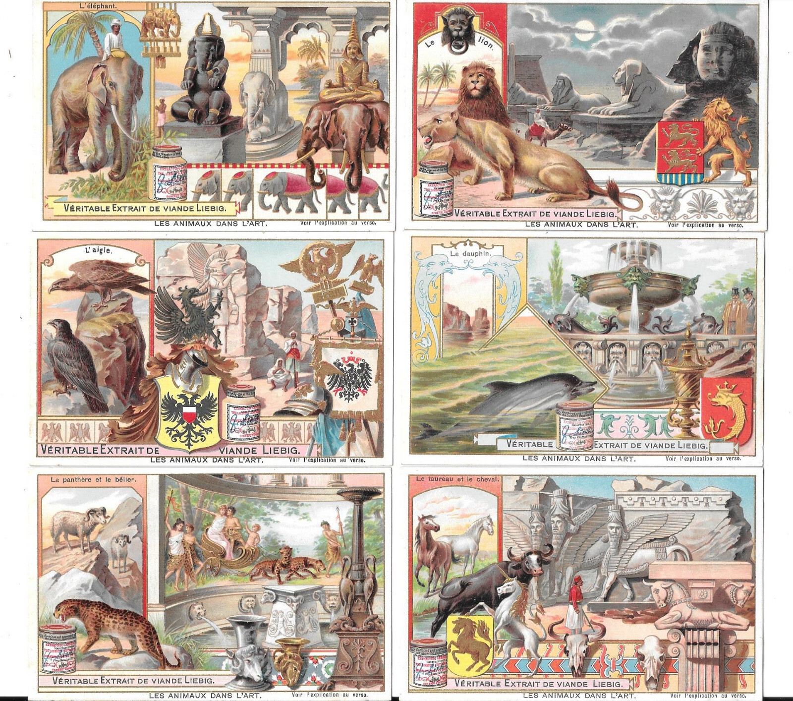 LIEBIG TRADE CARDS, ANIMALS IN ART 1904 Set of 6 Cards (S758 French).