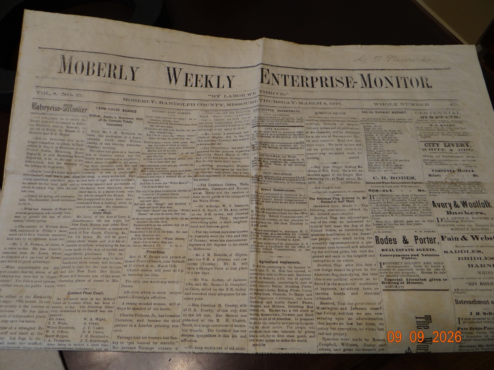 1877 Moberly Missouri Enterprise Monitor Newspaper slams US President RB Hayes