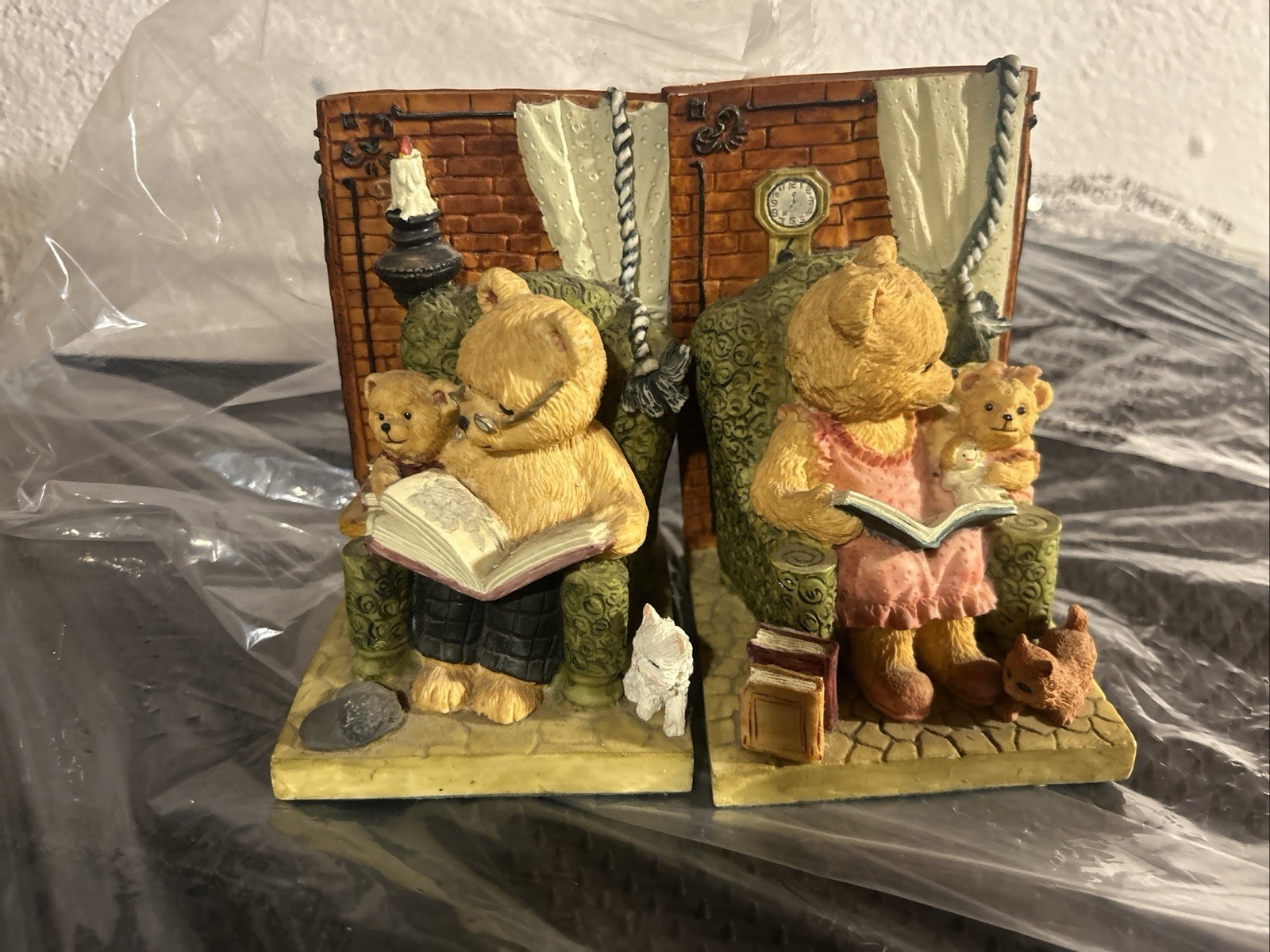 Vintage Teddy Bear Reading Bookends Boy & Girl Resin Library Nursery Decor Set