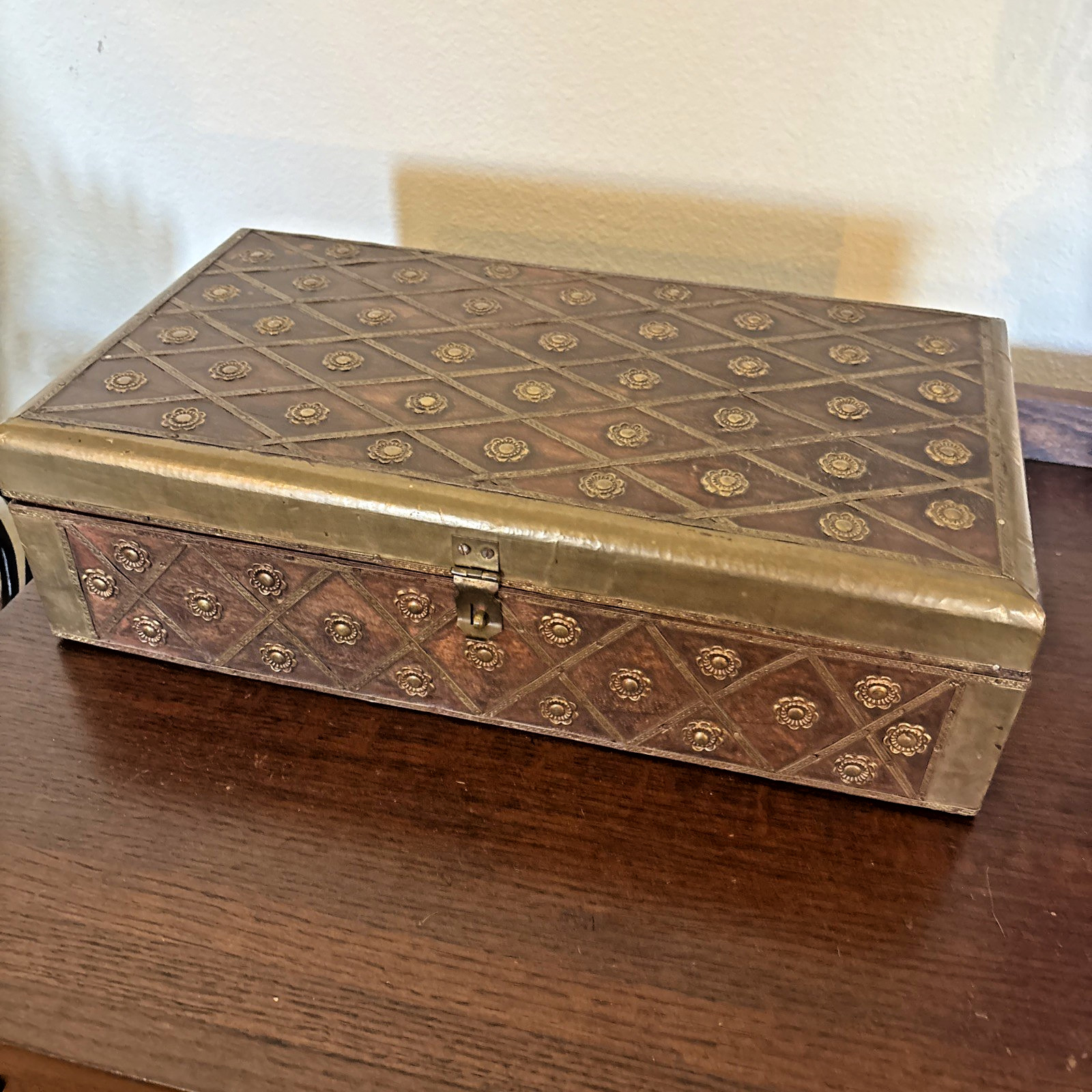 Vintage Mango Wood/Brass Box with Latch, Jewelry Trunk, 15.5” by 8.5 Vintage Mango Wood/Brass Box with Latch, Jewelry Trunk, 15.5” by 8.5