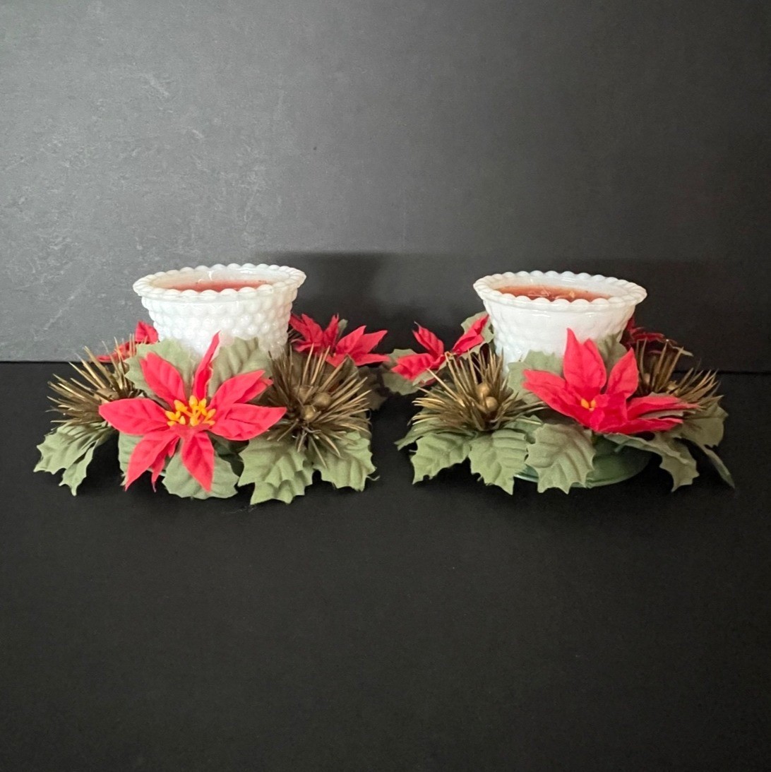 Pair VTG Milk Glass Hobnail Christmas Candle Holders Poinsettia & Holly 