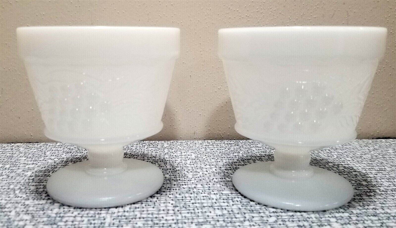 Vtg PAIR ANCHOR HOCKING Footed MILK GLASS SHERBERT Dessert CUP GRAPE Leaf Design