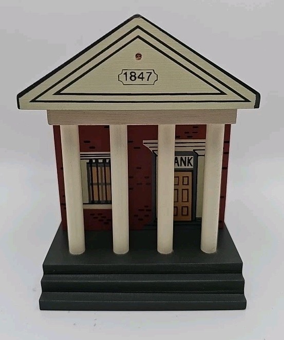 Vintage Wood Hand Paint Historic Bank Village Coin Bank Signed By Musser 1988
