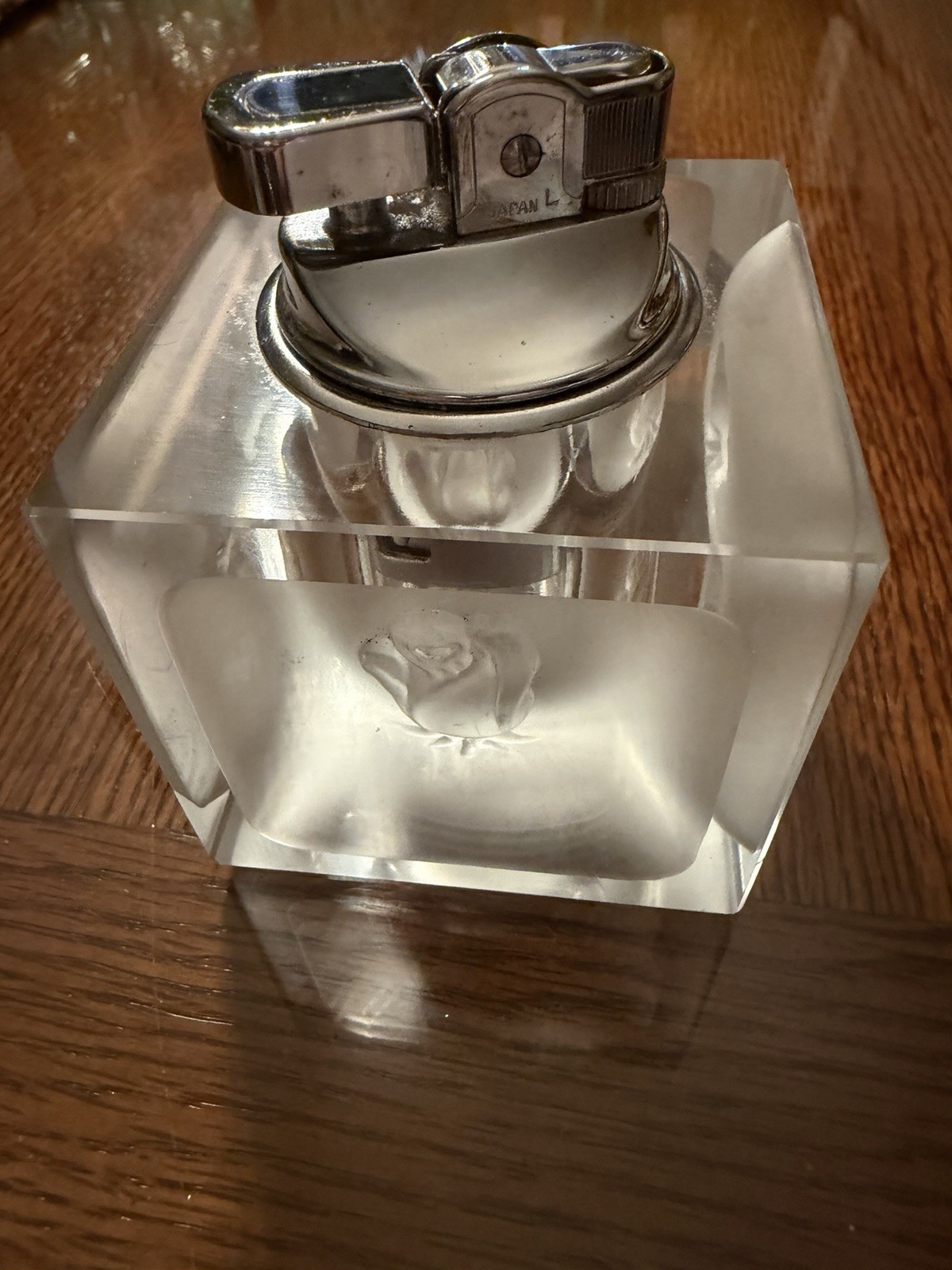 Vintage Byron Table Lighter.  Square Frosted Glass with A Rose On The Sides.
