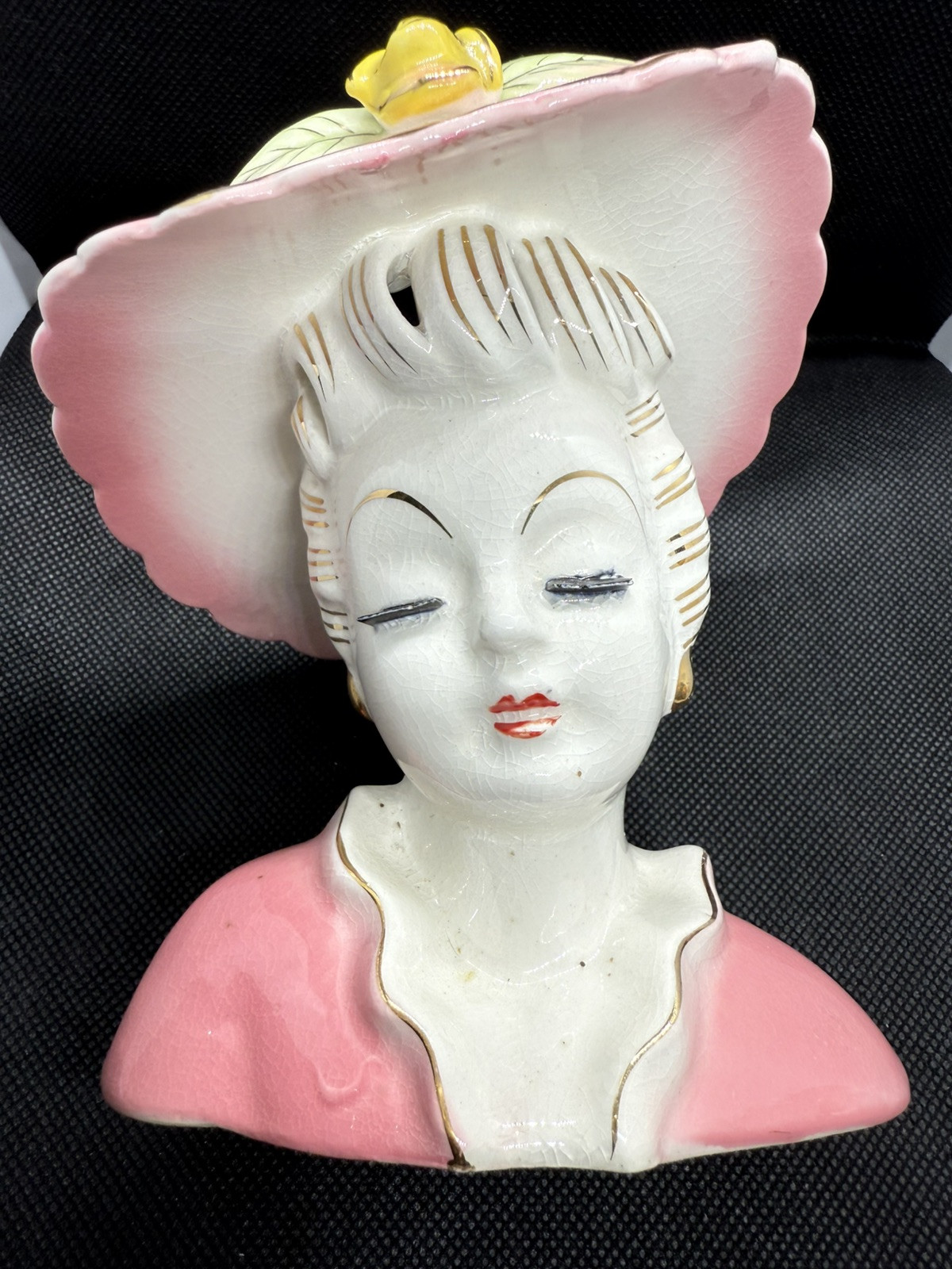 🔥 Possibly Relpo Mid Century Lady Hat Bust Vase Pink Yellow Flower Mod Head HTF