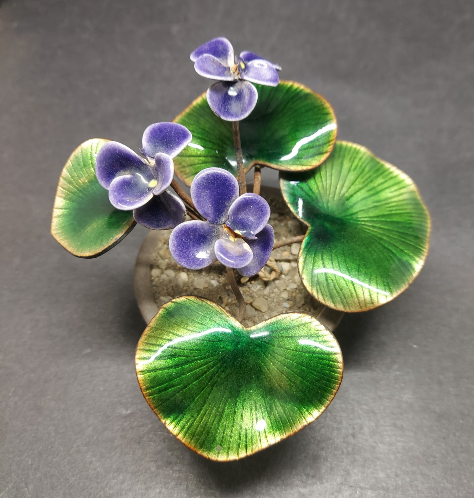 Vintage Bovano of Cheshire Enamel Copper Purple Violet Flowers Pot Sculpture 