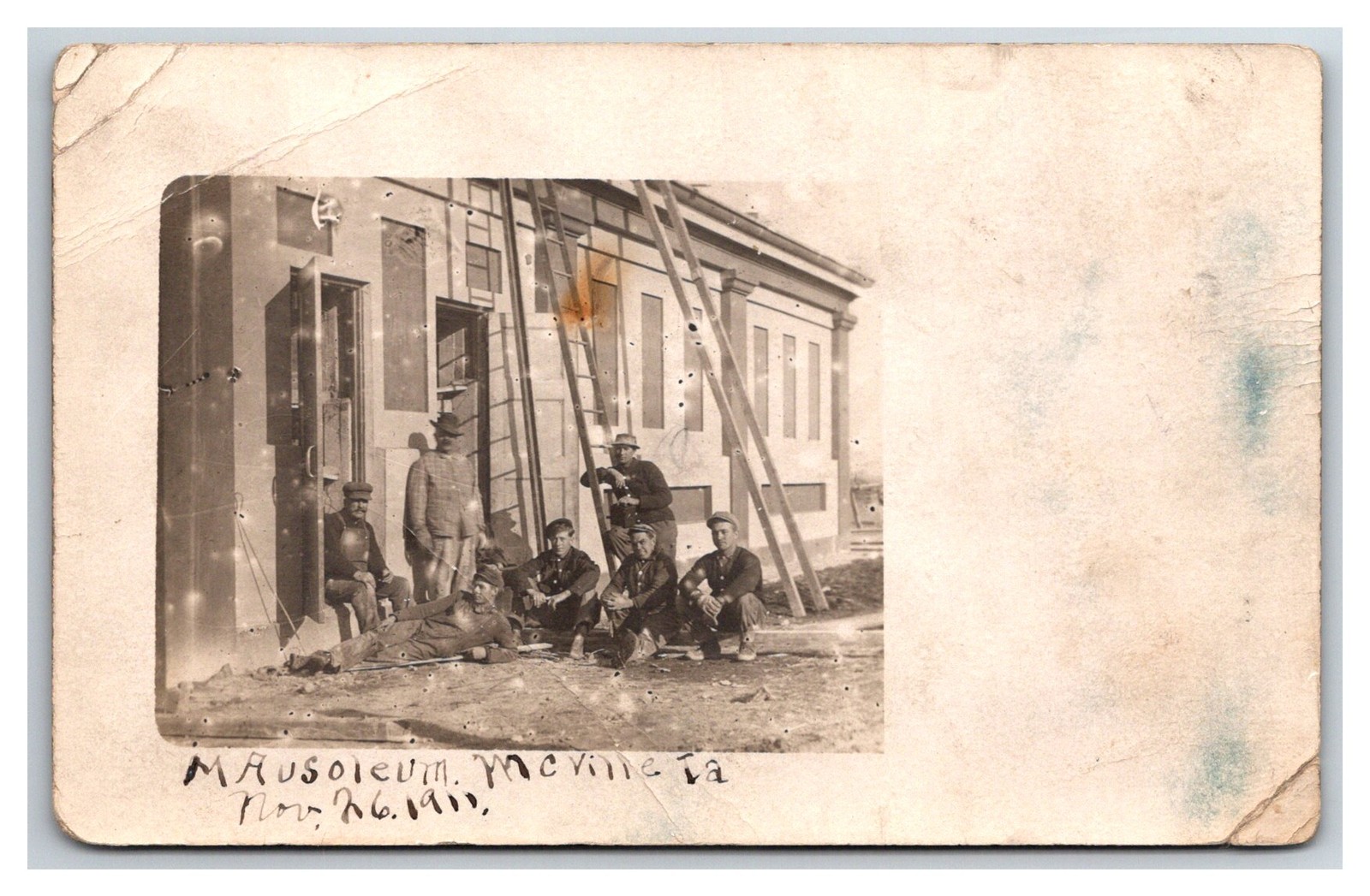 MOVILLE IOWA RPPC ~ Workers at Cemetery Mausoleum