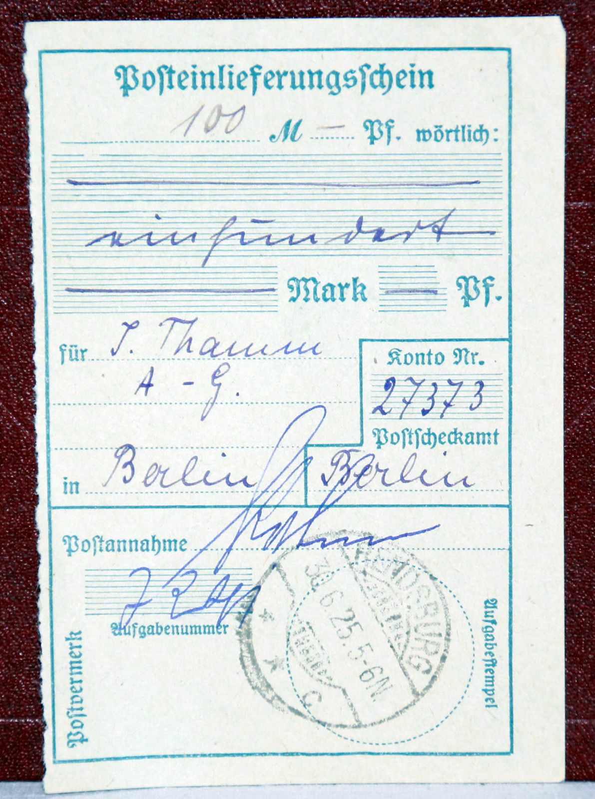 Postage note 100 Mark - 30.6.1925 stamp Rendsburg