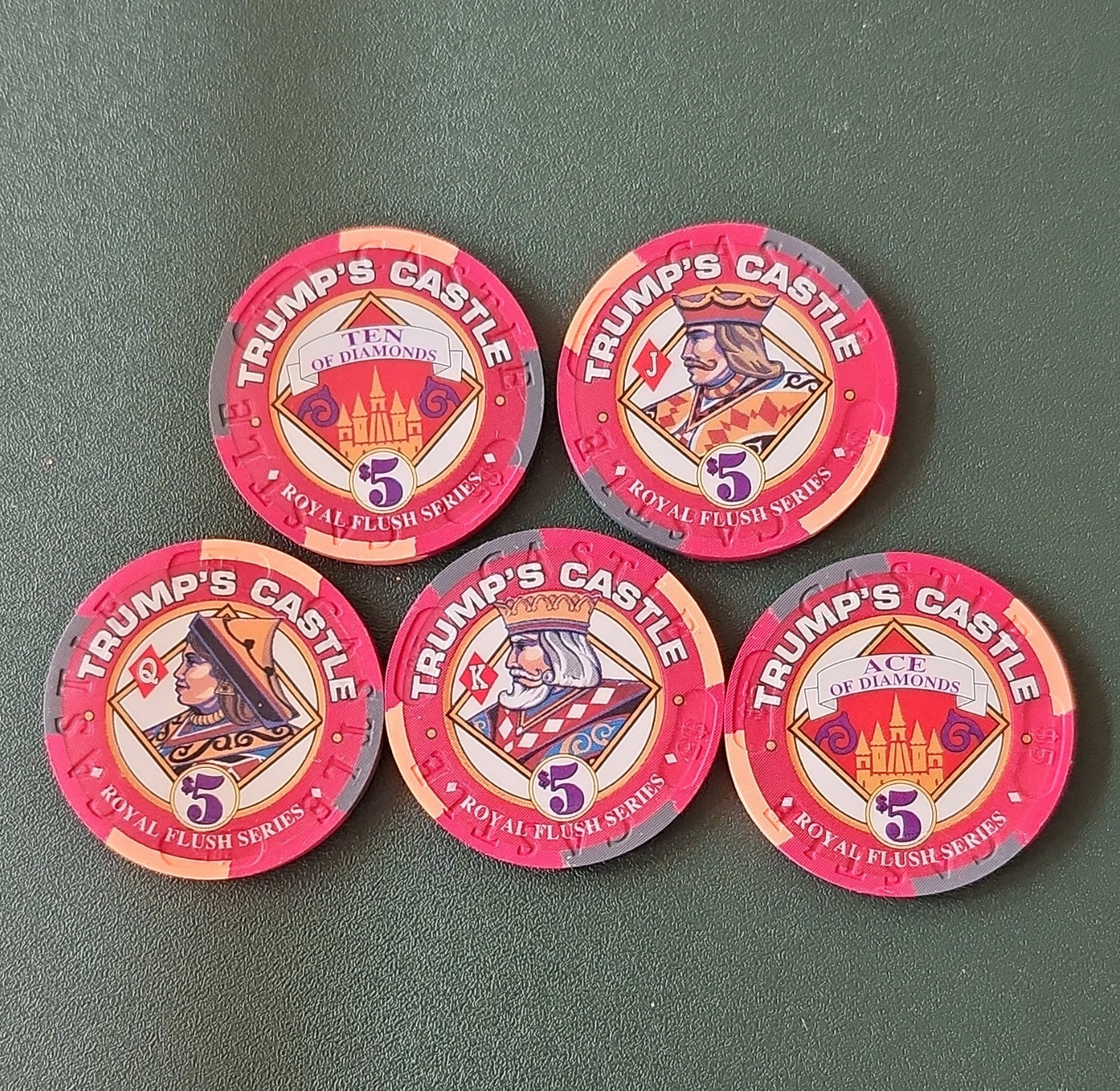 Trump’s Castle Atlantic City, NJ $5 Casino Chips - Royal Flush Series Lot of 5