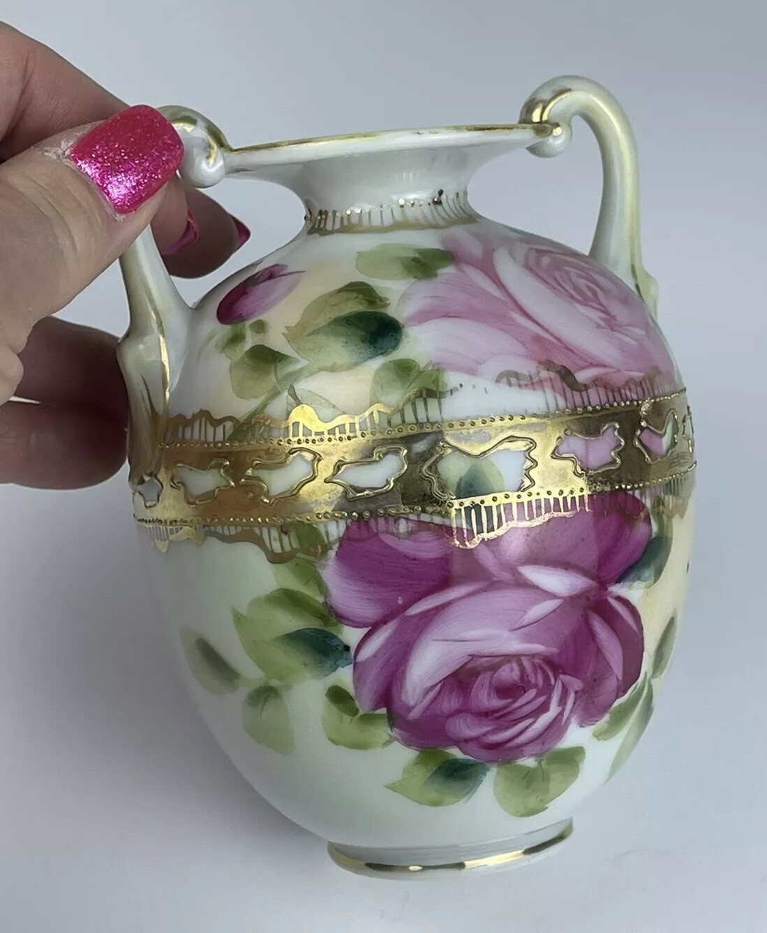 Antique Nippon Vase Double Handled Hand Painted Signed Pink Roses 5\