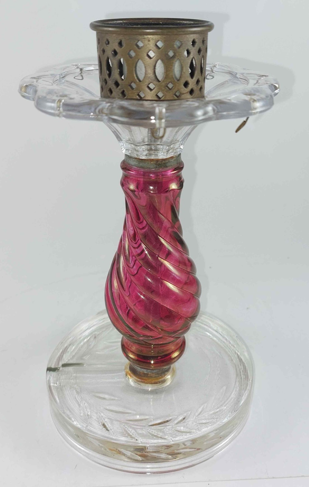 ANTIQUE CRANBERRY RED & CLEAR GLASS ELECTRIC LAMP BASE - NO GLOBE/SHADE
