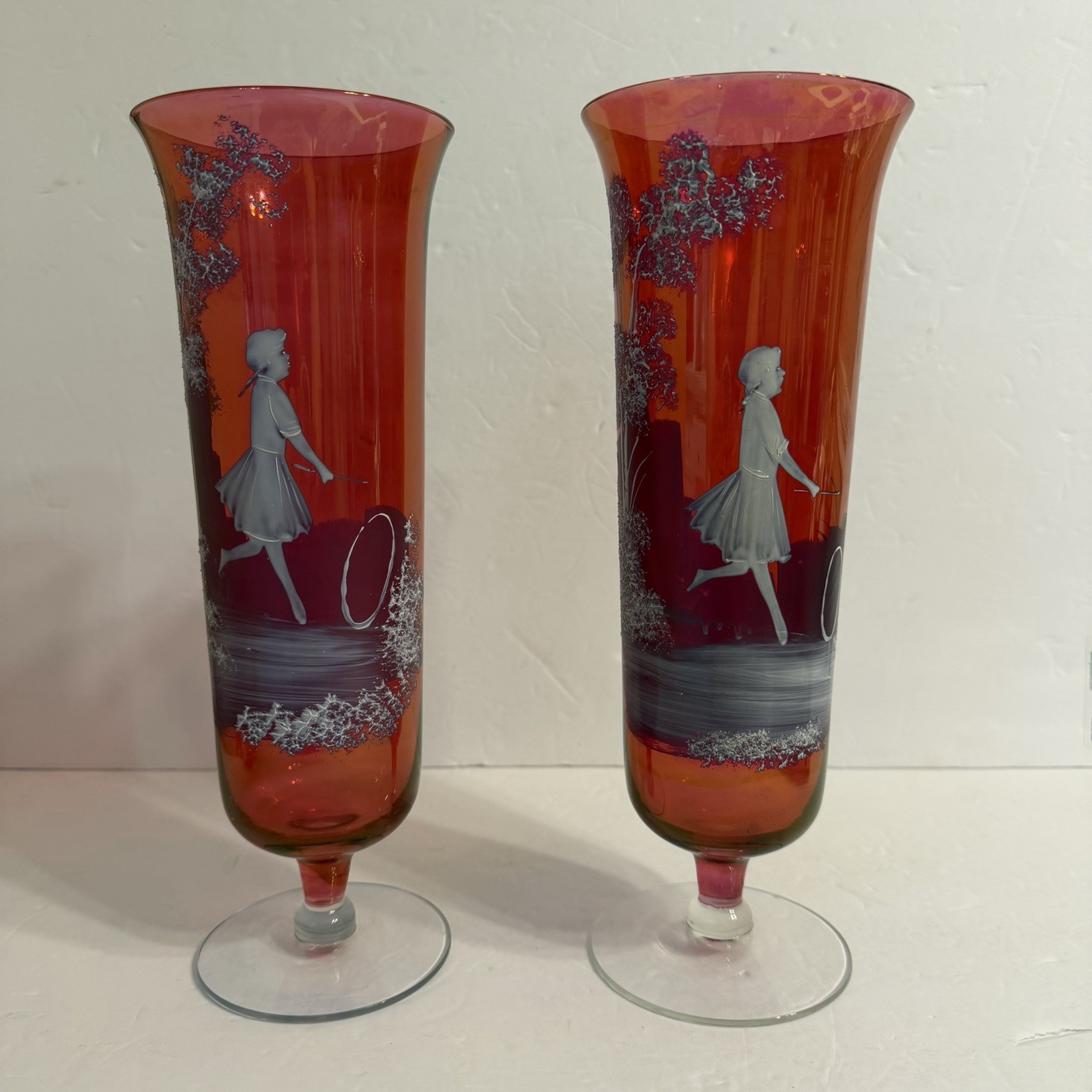 VTG Mary Gregory Style Cranberry Glass Vases Hand-painted White Enamel Girl 12”