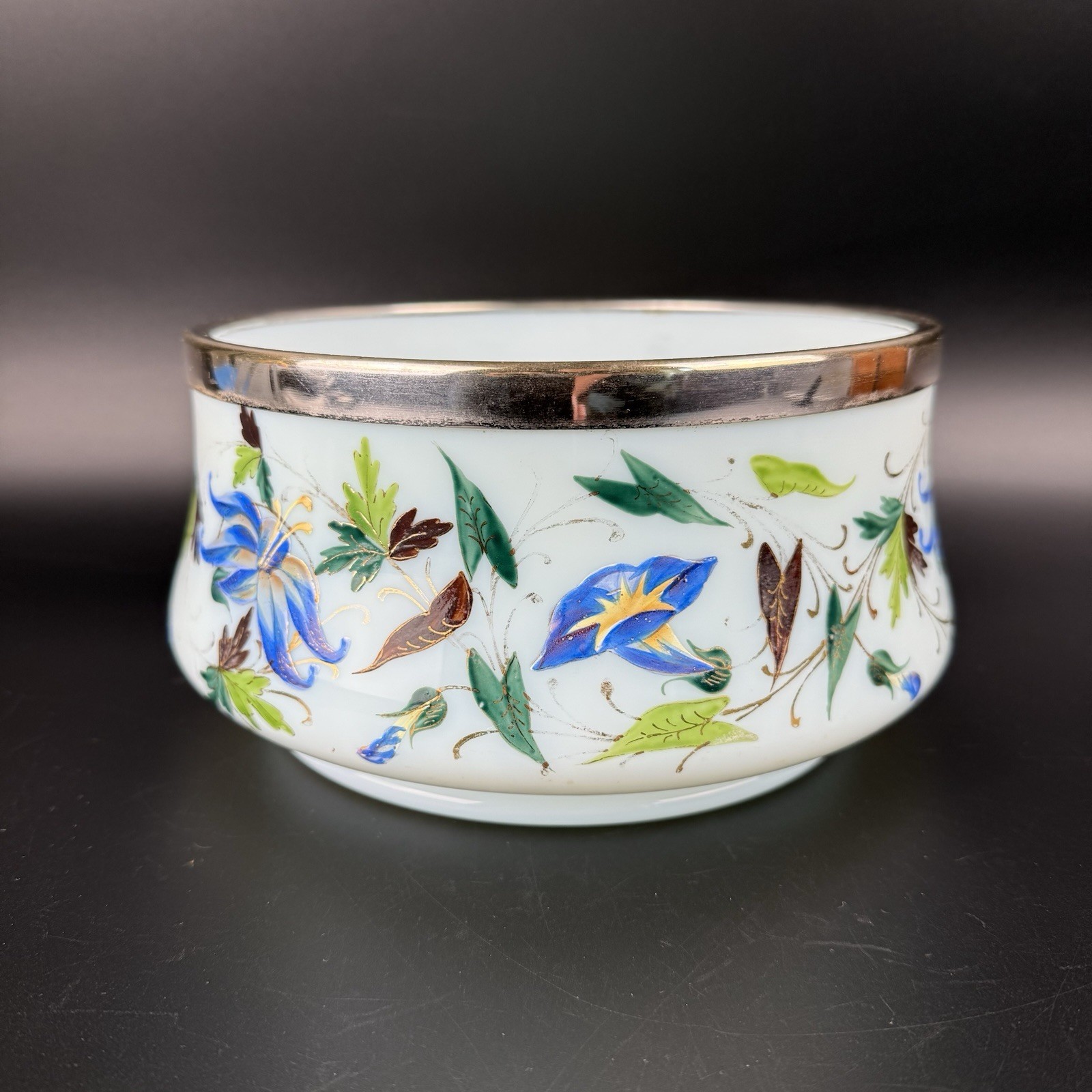 RARE W.M.F.N WMF Vintage Blue Milk Glass Hand Painted Bowl Ring Of Fire RARE W.M.F.N WMF Vintage Blue Milk Glass Hand Painted Bowl Ring Of Fire