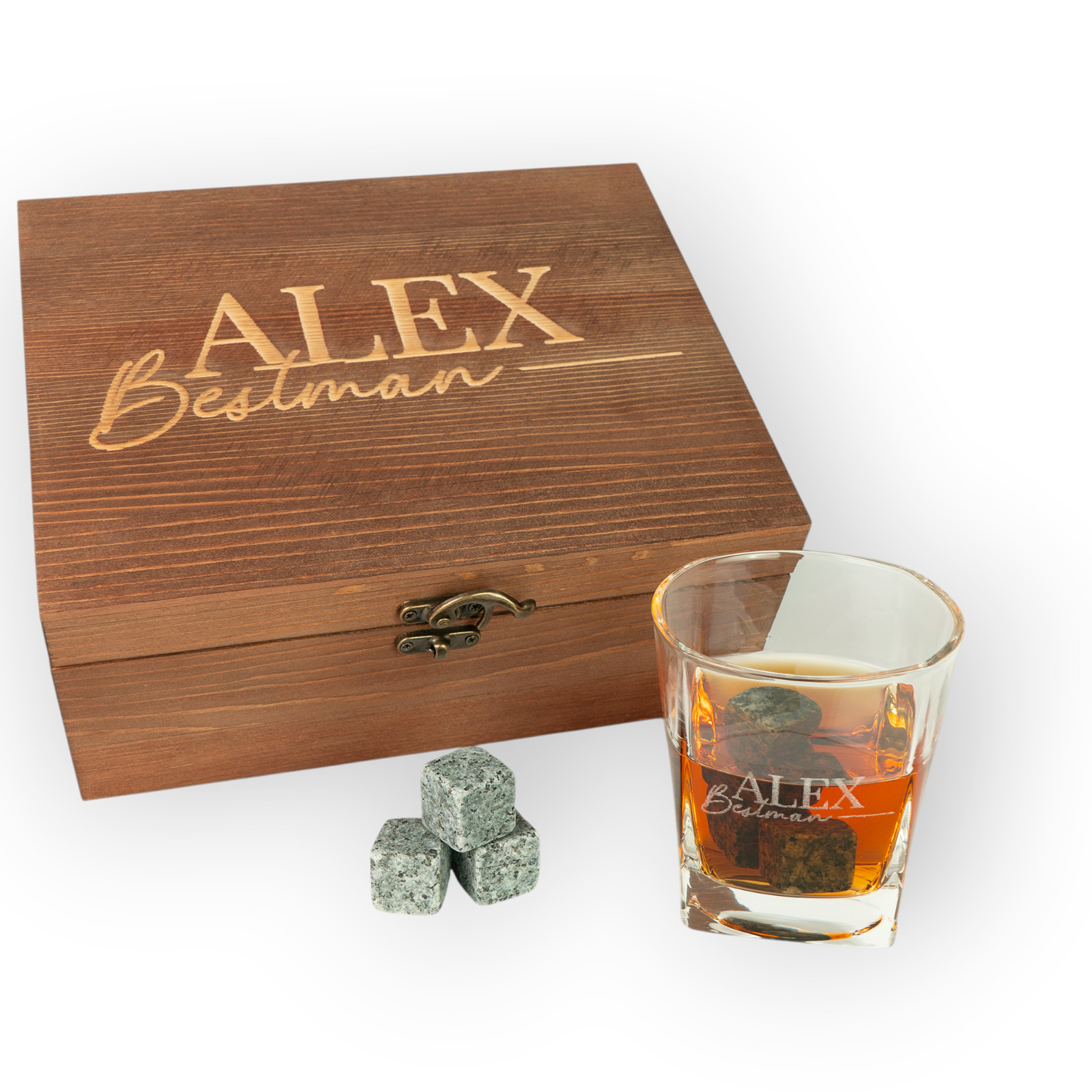Personalised Whiskey Glass Set with Wooden Box, Ice Cubes, Bag and Tongs Gift