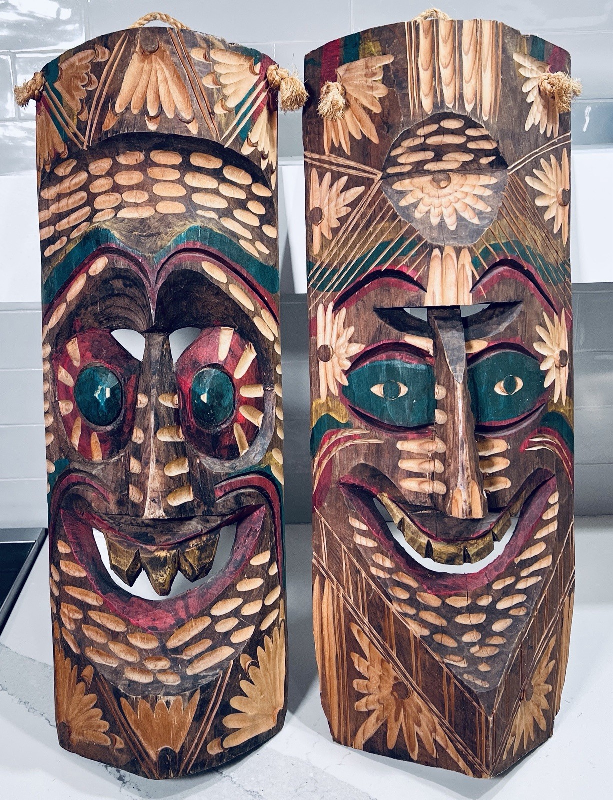 x2 Vtg Tiki Masks 23” Tribal Wall Sculptures Handmade Painted and Chip Carved