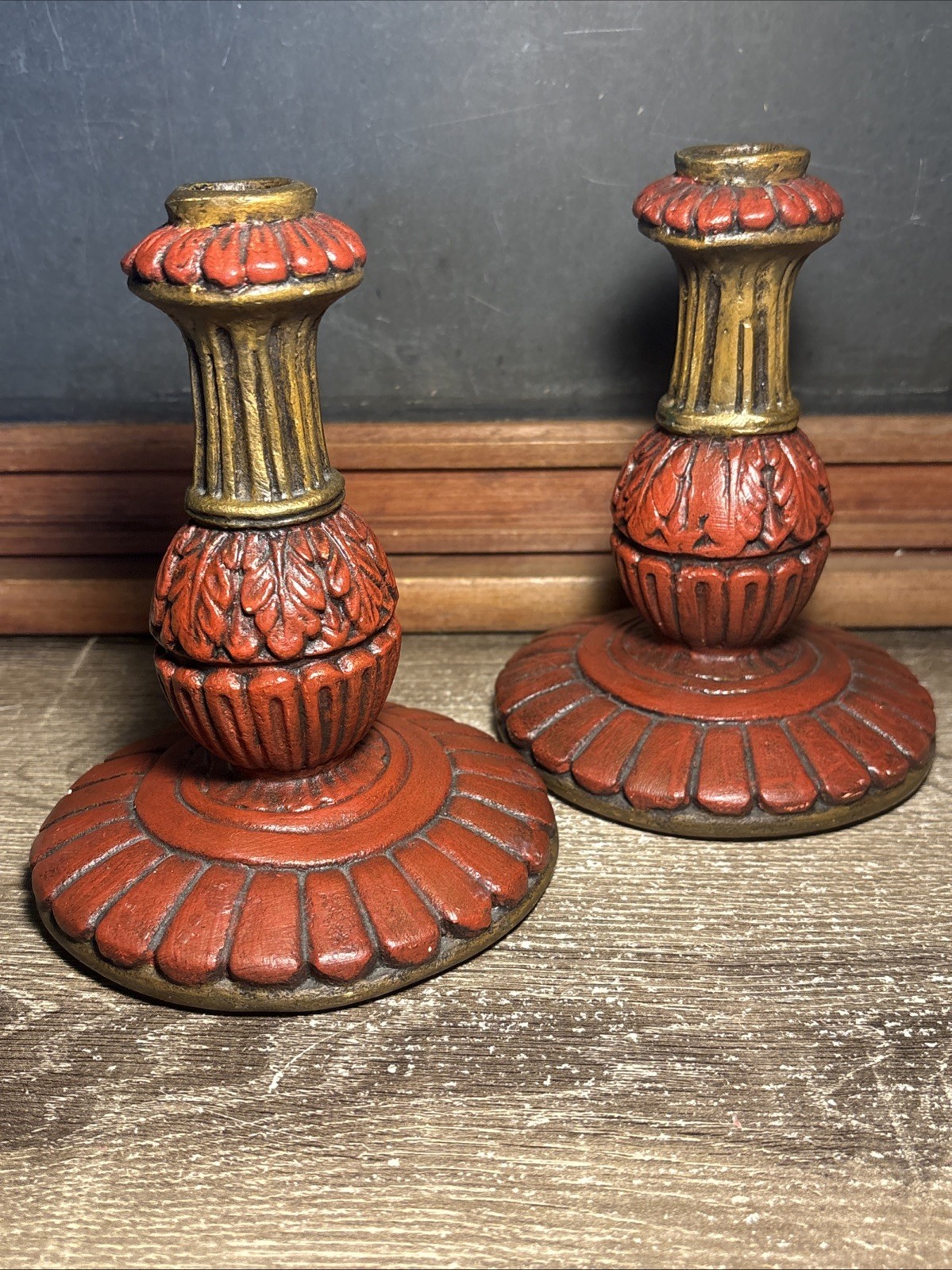 Vintage Pair Plaster Chalkware Red Gold Taper Candle Holder 6” Regency Ornate