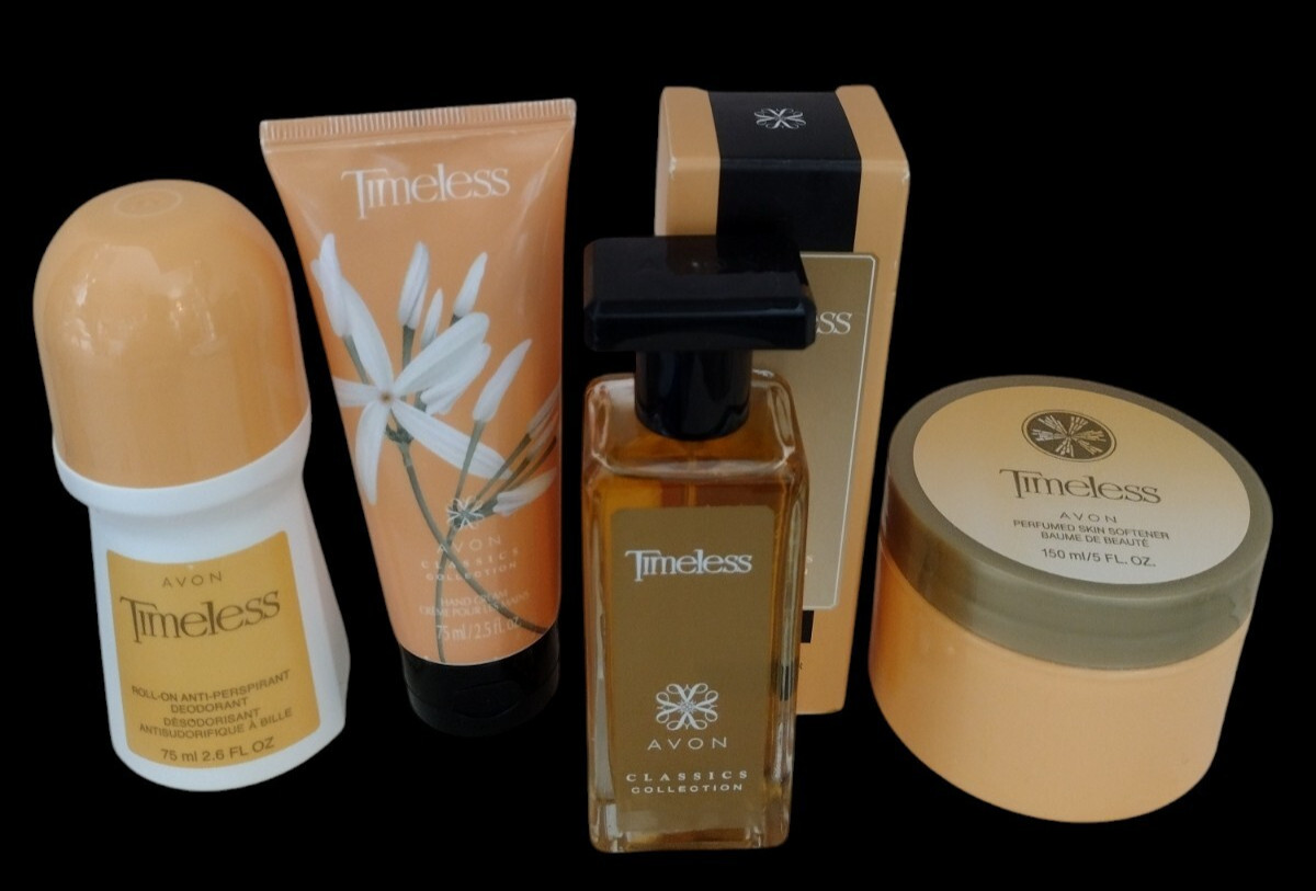 Vtg Avon TIMELESS 4pc LOT Women Cologne Spray/Skin Softener/Deodorant/Hand Cream
