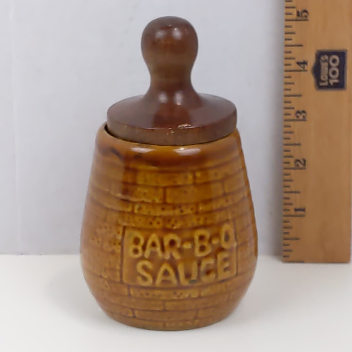 Vintage Bar B Q Sauce Pottery Jar with Wooden Lid and Basting Brush Kitchen Deco
