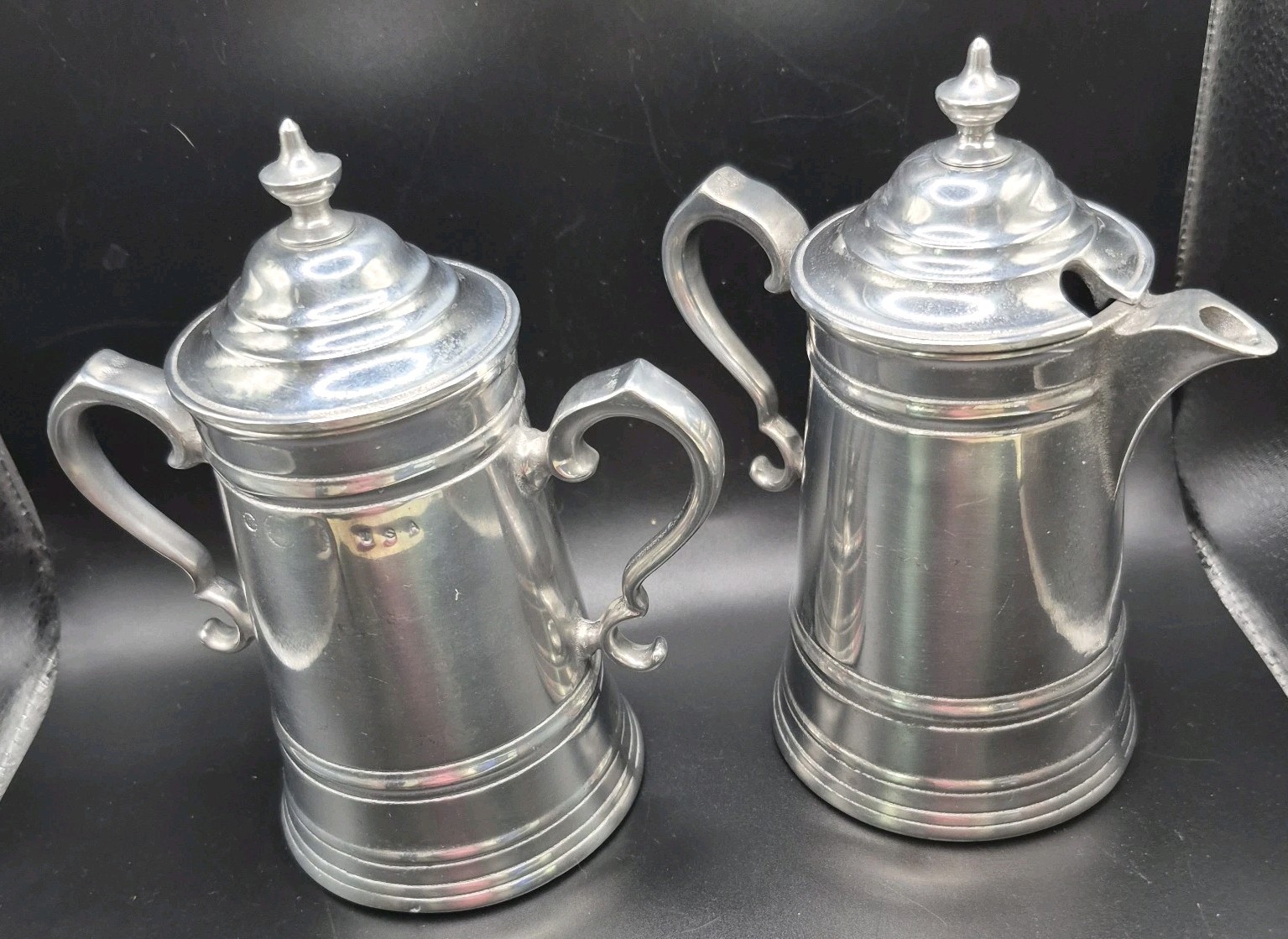 Vintage Pair Three Crowns Pewter Lidded Syrup Pitchers Creamers Set USA Signed