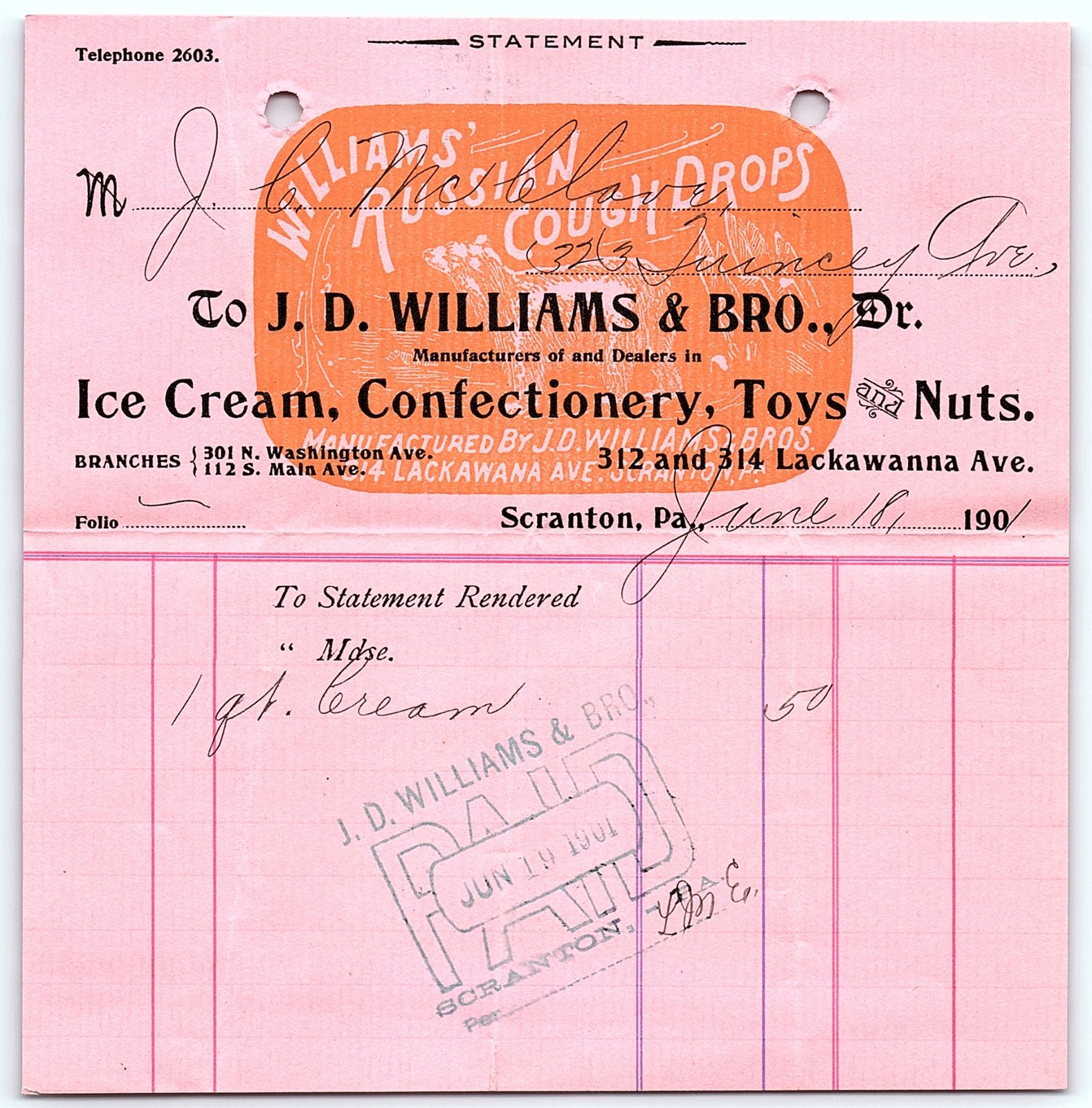 1901 J.D. Williams & Bro. Ice Cream/Cough Drops billhead