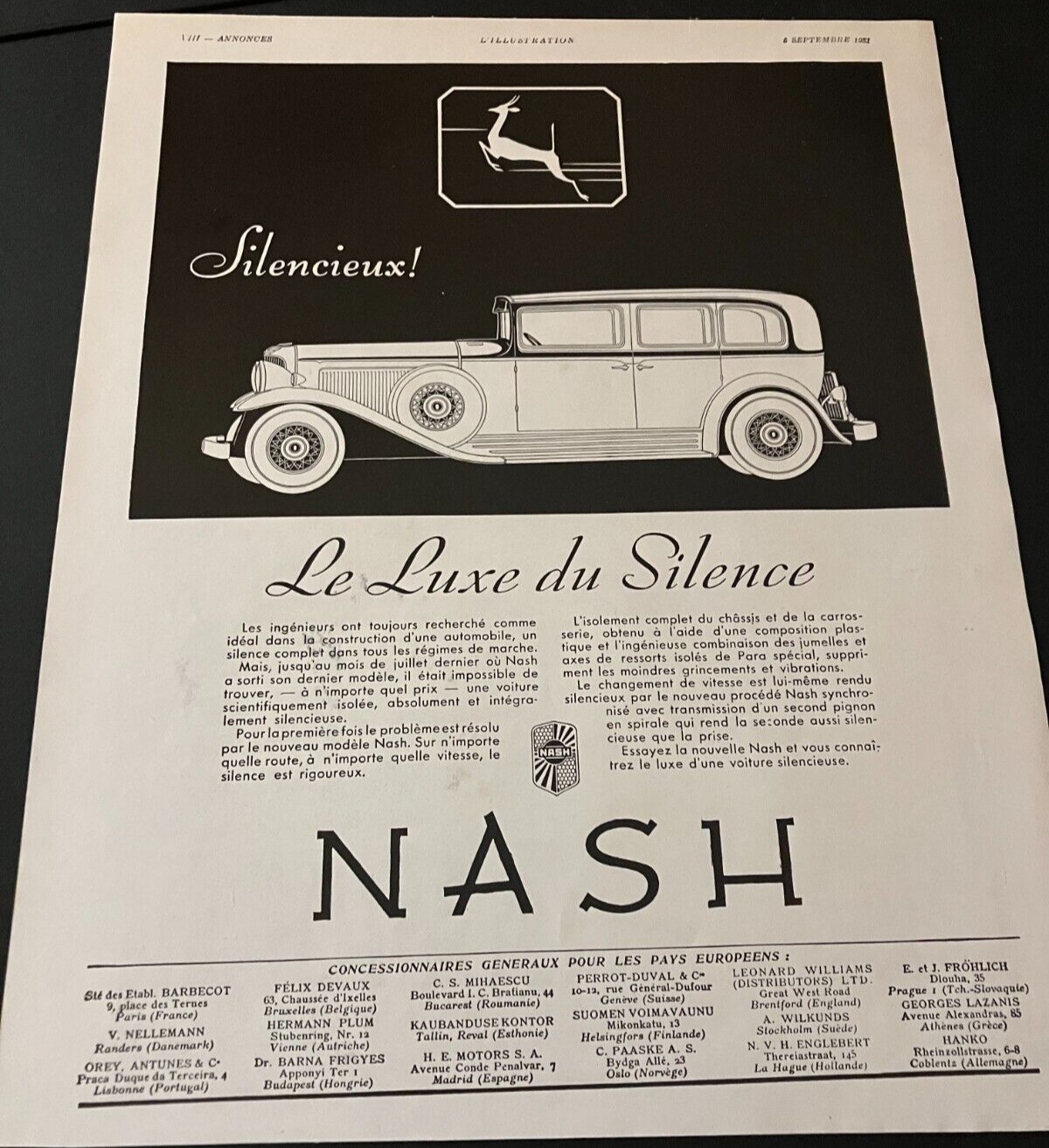 FRENCH 1931 Nash 4-Door Sedan - Vintage Original Print Ad / Wall Art  CLEAN