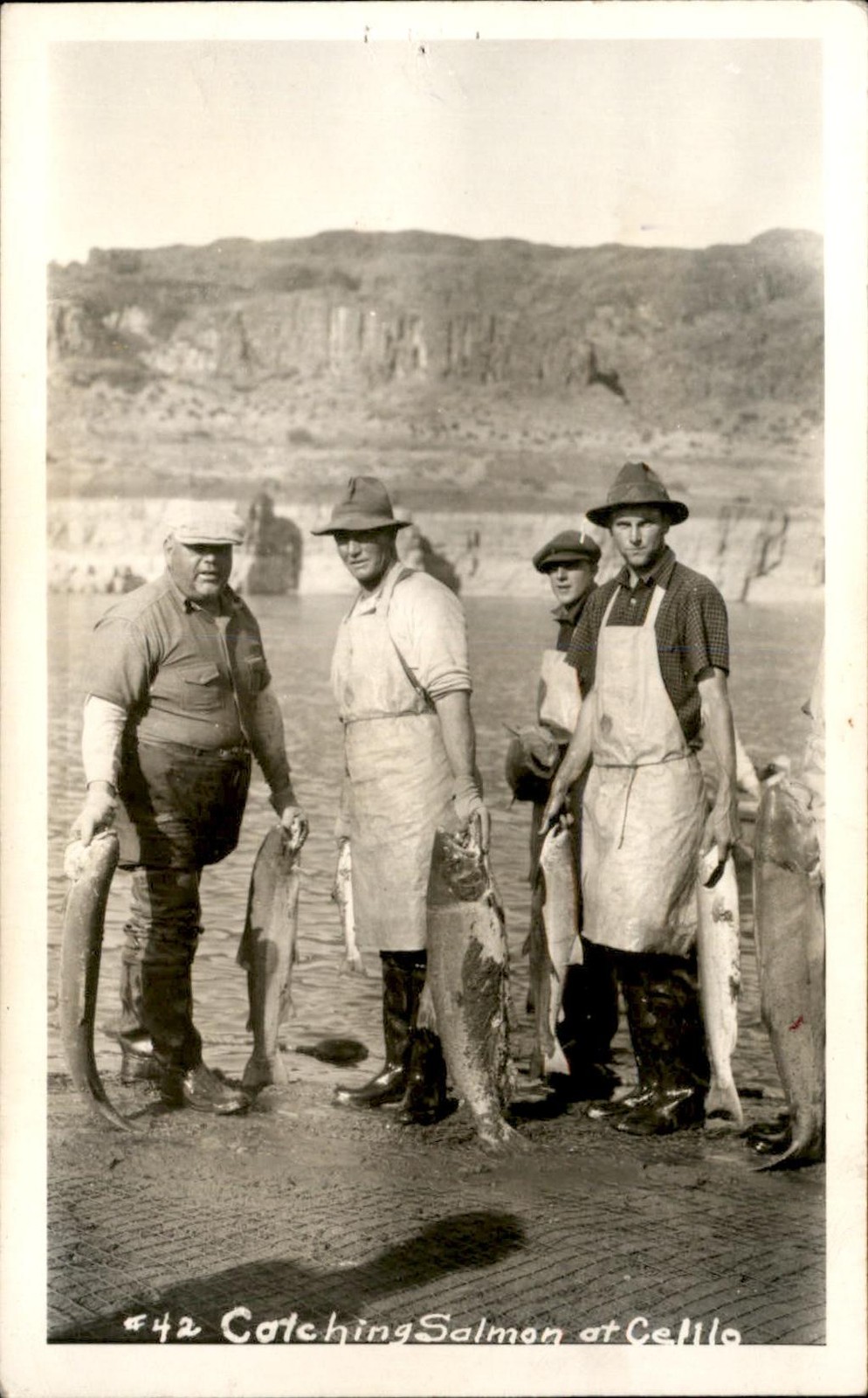 Celilo Falls Men & Fishing Catch Salmon c1940s Real Photo Postcard bhn