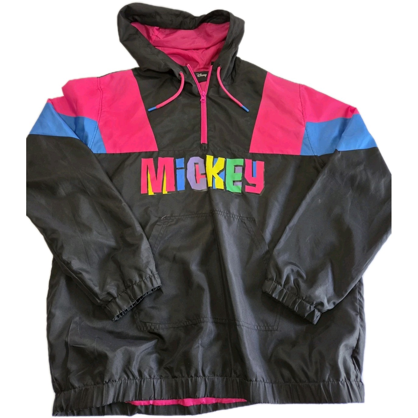 Disney Windbreaker Hoodie Adult Medium Black Pink 90s Mickey Mouse Jacket Vtg