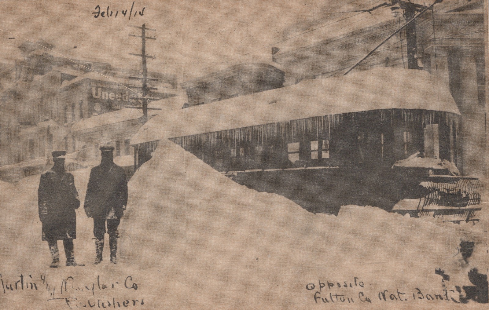 Gloversville NY 1914 Blizzard Snow Trolley Streetcar Postcard Fulton Co Bank