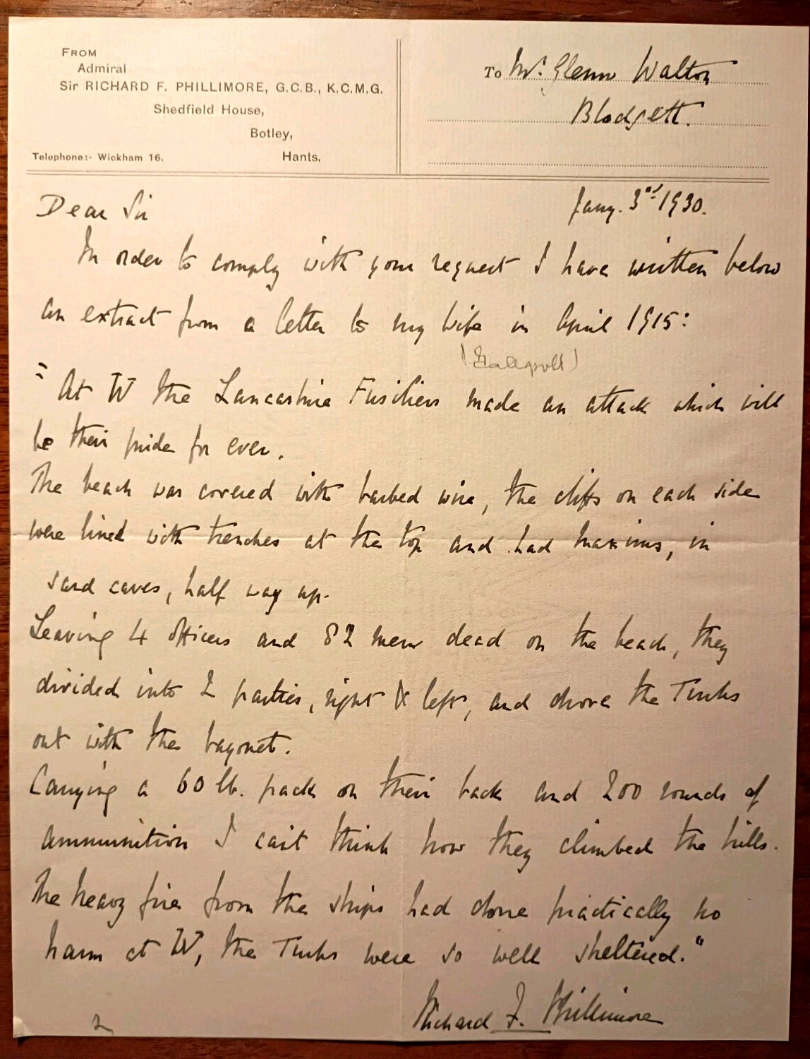 Exceptional Admiral Richard F Phillimore Signed Letter ~ Gallipoli Beach Landing