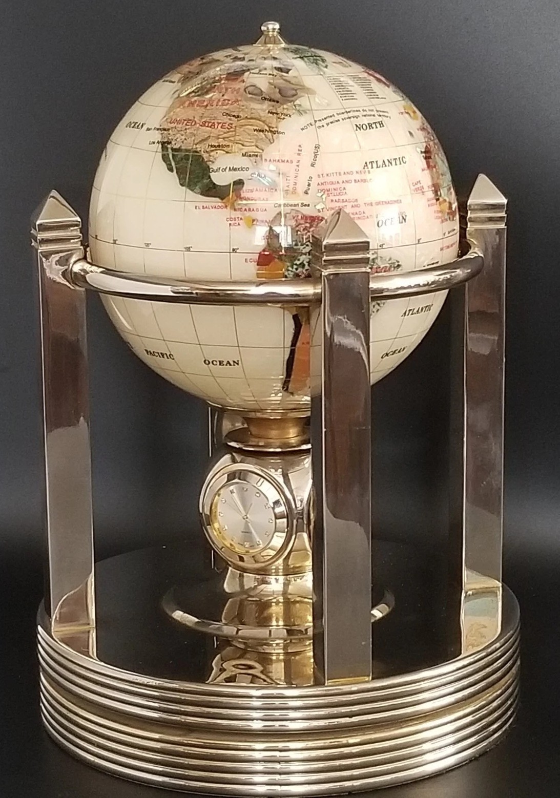 Alexander Kalifano Brass Rotating Gemstone Globe Clock Mother of Pearl 