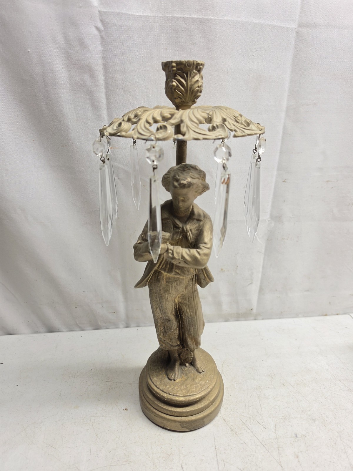 Vintage Borghese Figural Girandole Candlestick Boy Figurine Plaster Gold Crystal