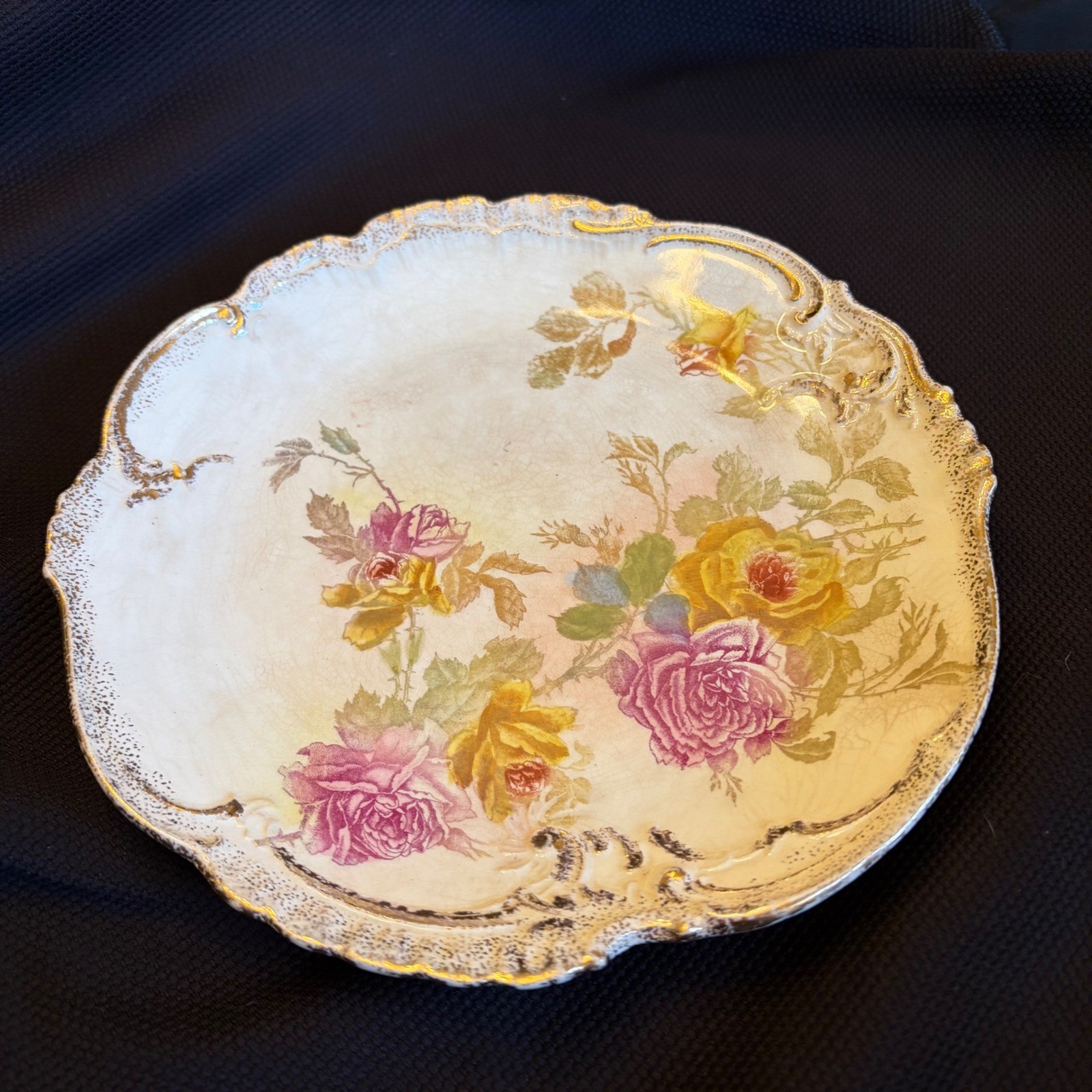 Vintage Floral Porcelain Plate Germany Gold Trim Roses Pink Yellow Collectible