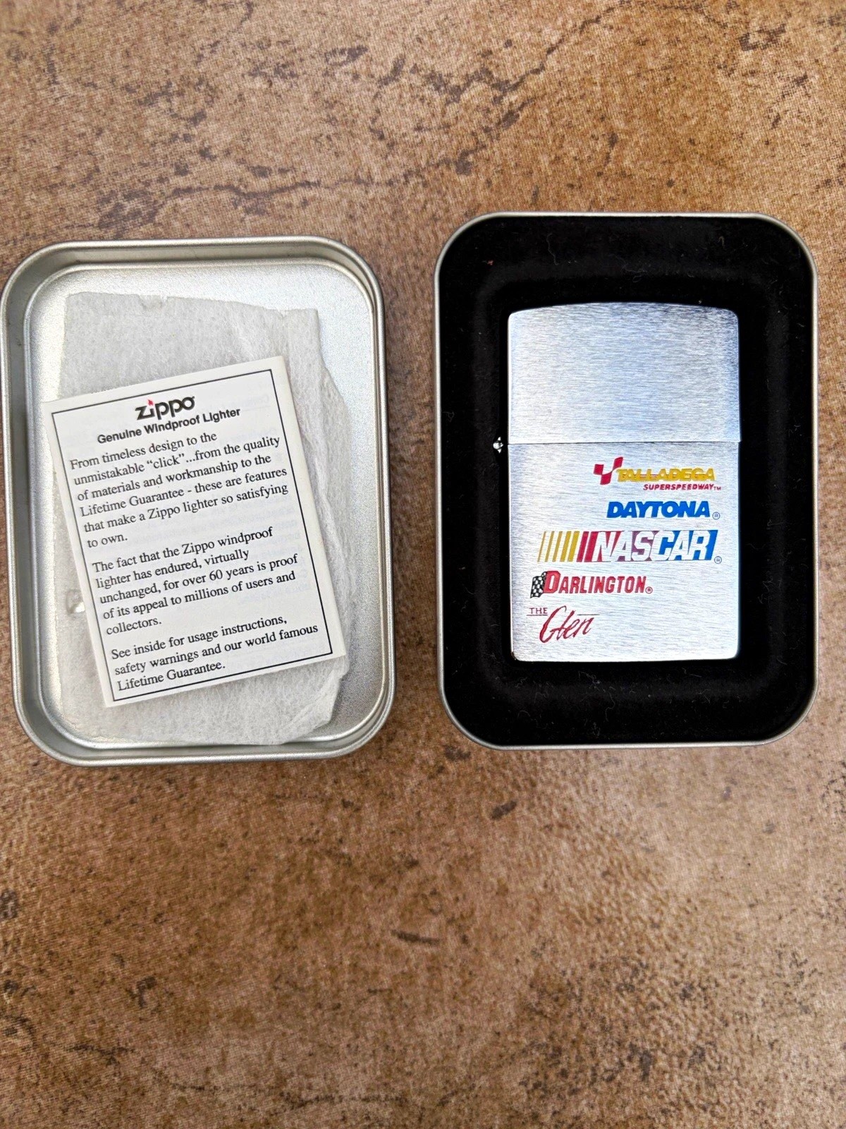 Vintage 90s zippo NASCAR Brushed Chrome Lighter w/ Tin Case Daytona Talladega