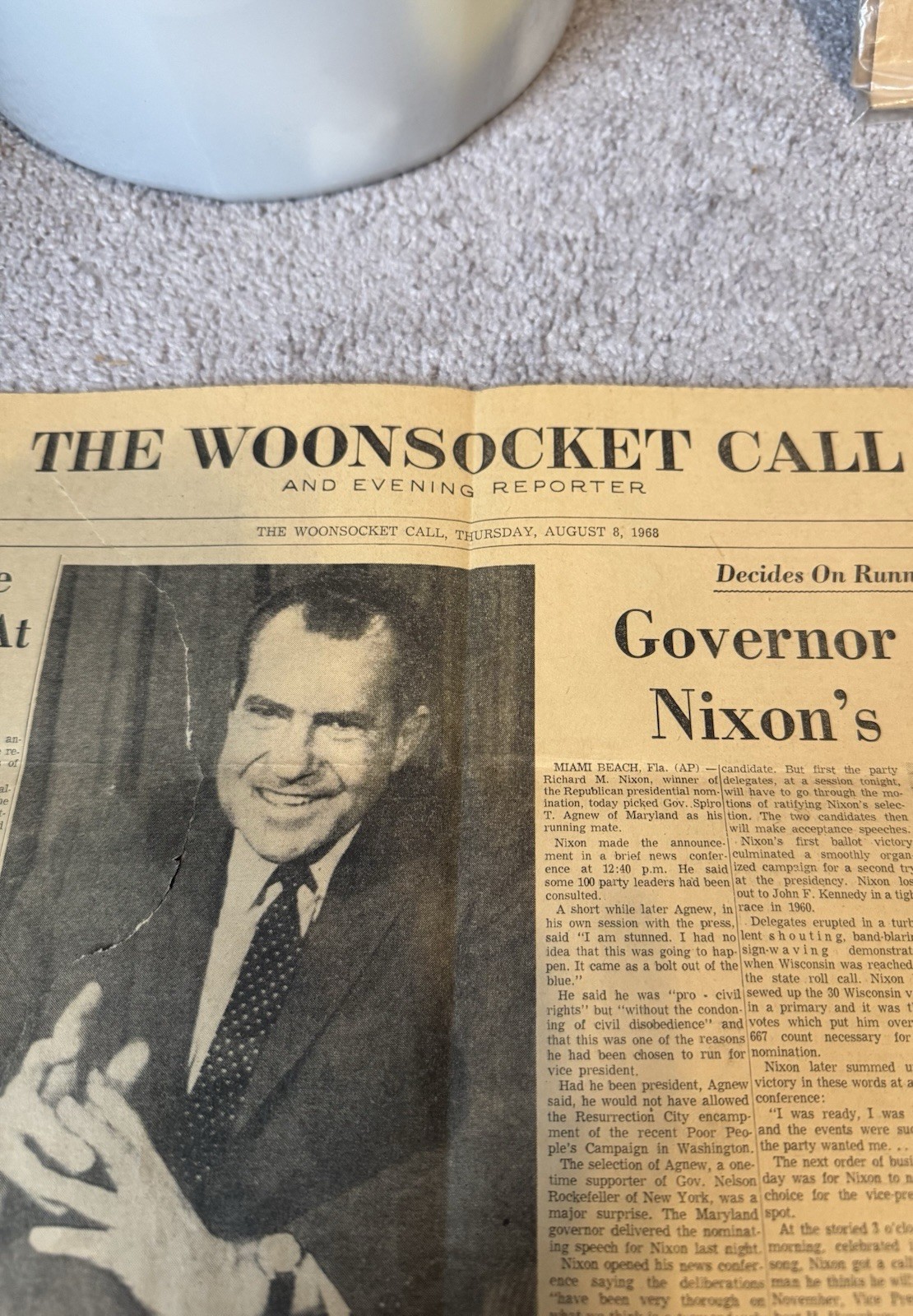 Vintage Original August 8, 1968 Woonsocket Call Newspaper Cover Page Nixon