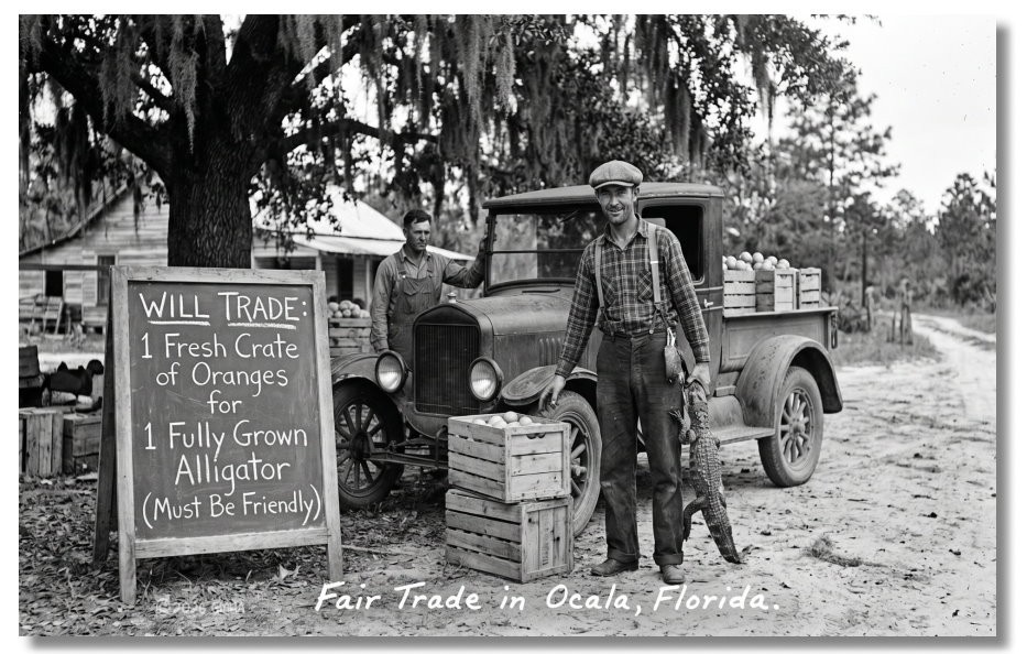 Vintage‑STYLE  ART 1930's RPPC-BARTER ORANGES & ALLLIGATOR OCALA FL-FAUX PHOTO