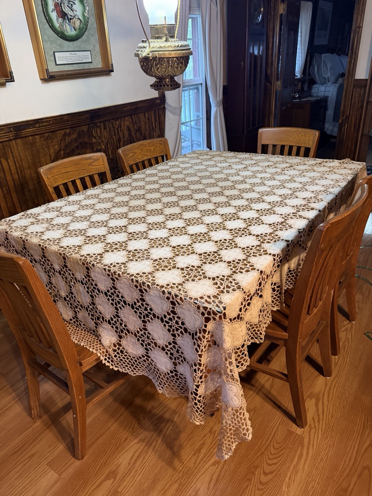 Vintage Crocheted Embroidered Tablecloth Heirloom Farmhouse Beige 63”x85” A4