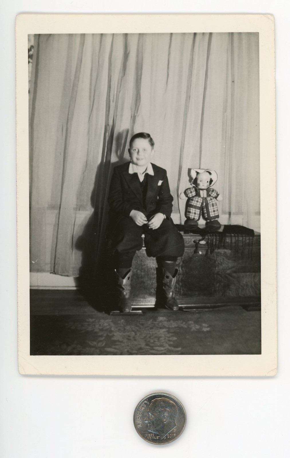 Old 1930\'s photo / Possessed Boy in Cowboy Boots Protects DOLL\'S Bone Collection