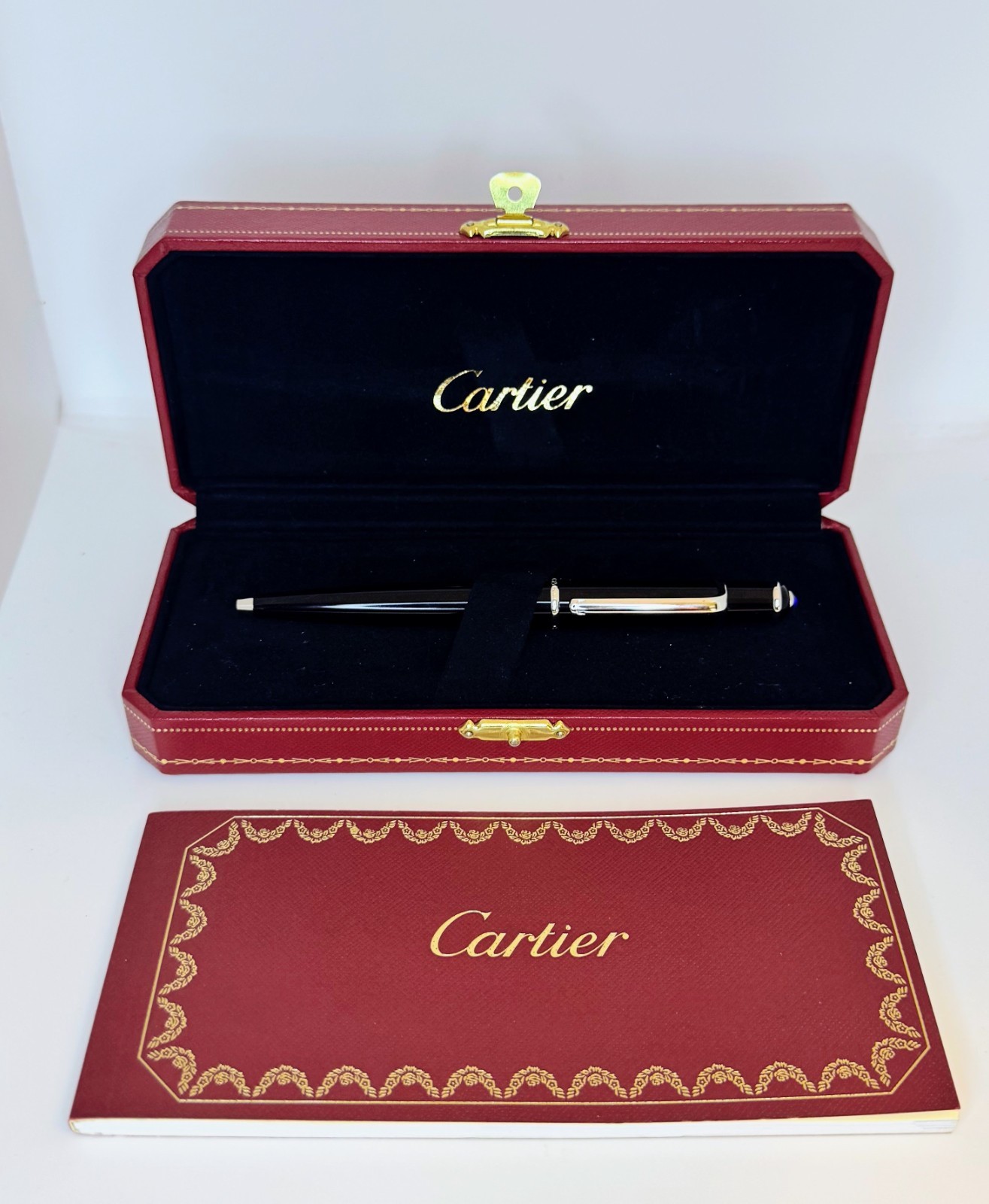 Cartier Diabolo Ballpoint Pen Black Blue Cabochon NOS 1992 Box Papers Germany