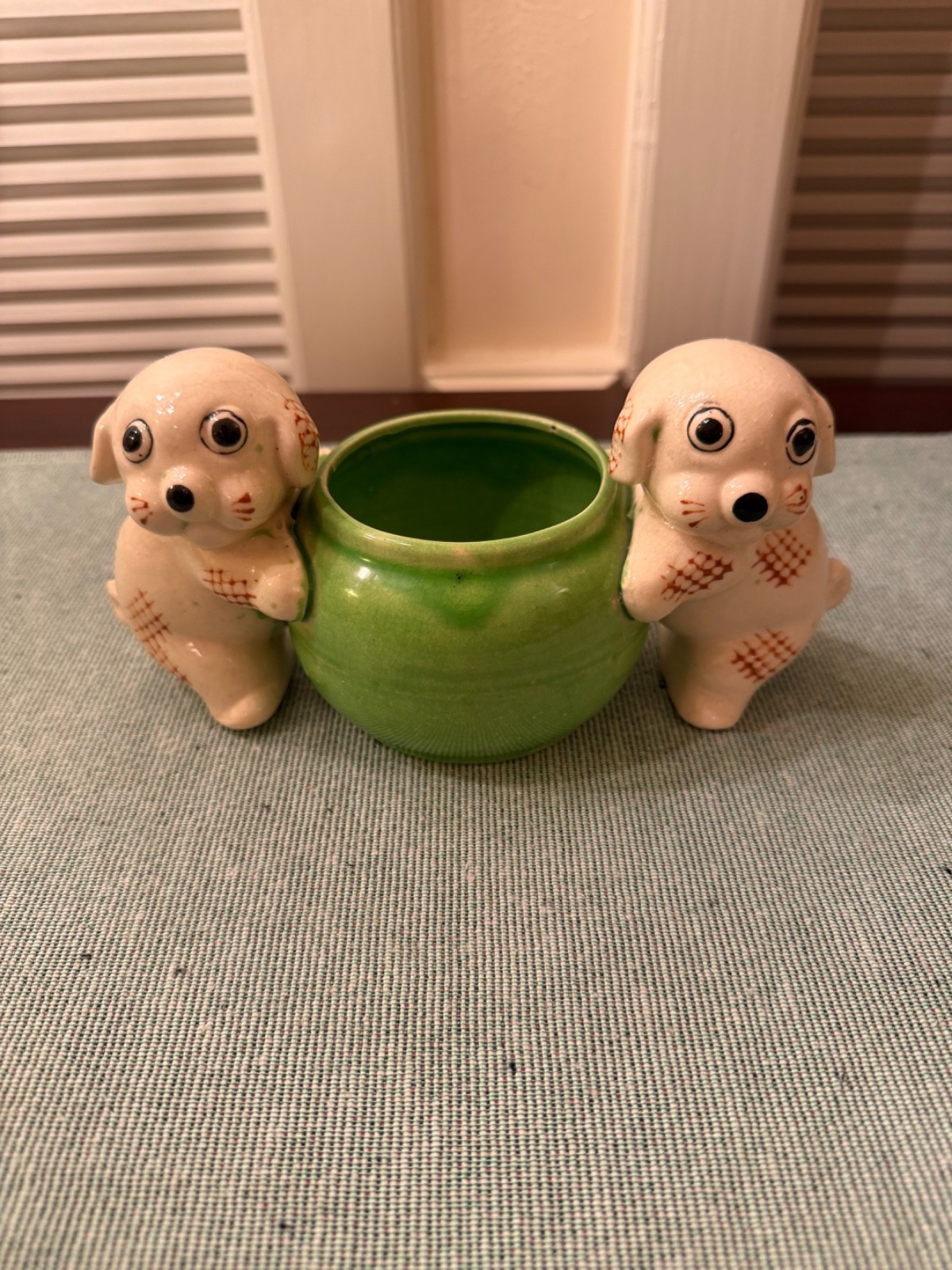 Vintage Occupied Japan Pugs/Puppies Planter, Green, Kitsch, Mid Century Pottery Vintage Occupied Japan Pugs/Puppies Planter, Green, Kitsch, Mid Century Pottery