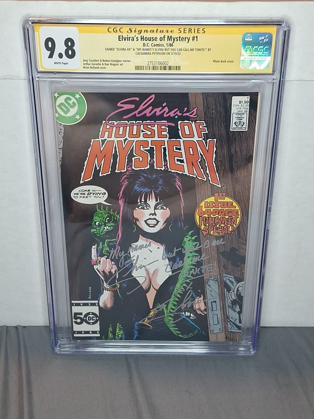 SIGNED BY ELVIRA WITH RARE INSCRIPTION ELVIRA\'S HOUSE OF MYSTERY #1 CGC 9.8