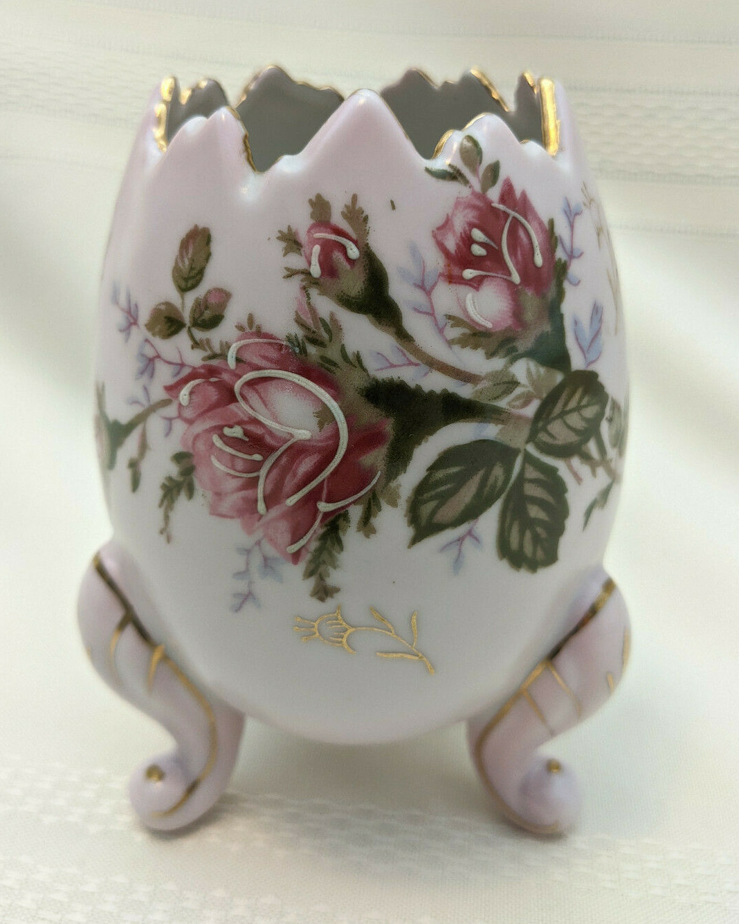 Vintage Napco Cracked Egg Footed Pink Rose Vase - Handpainted - 22kt gold edging