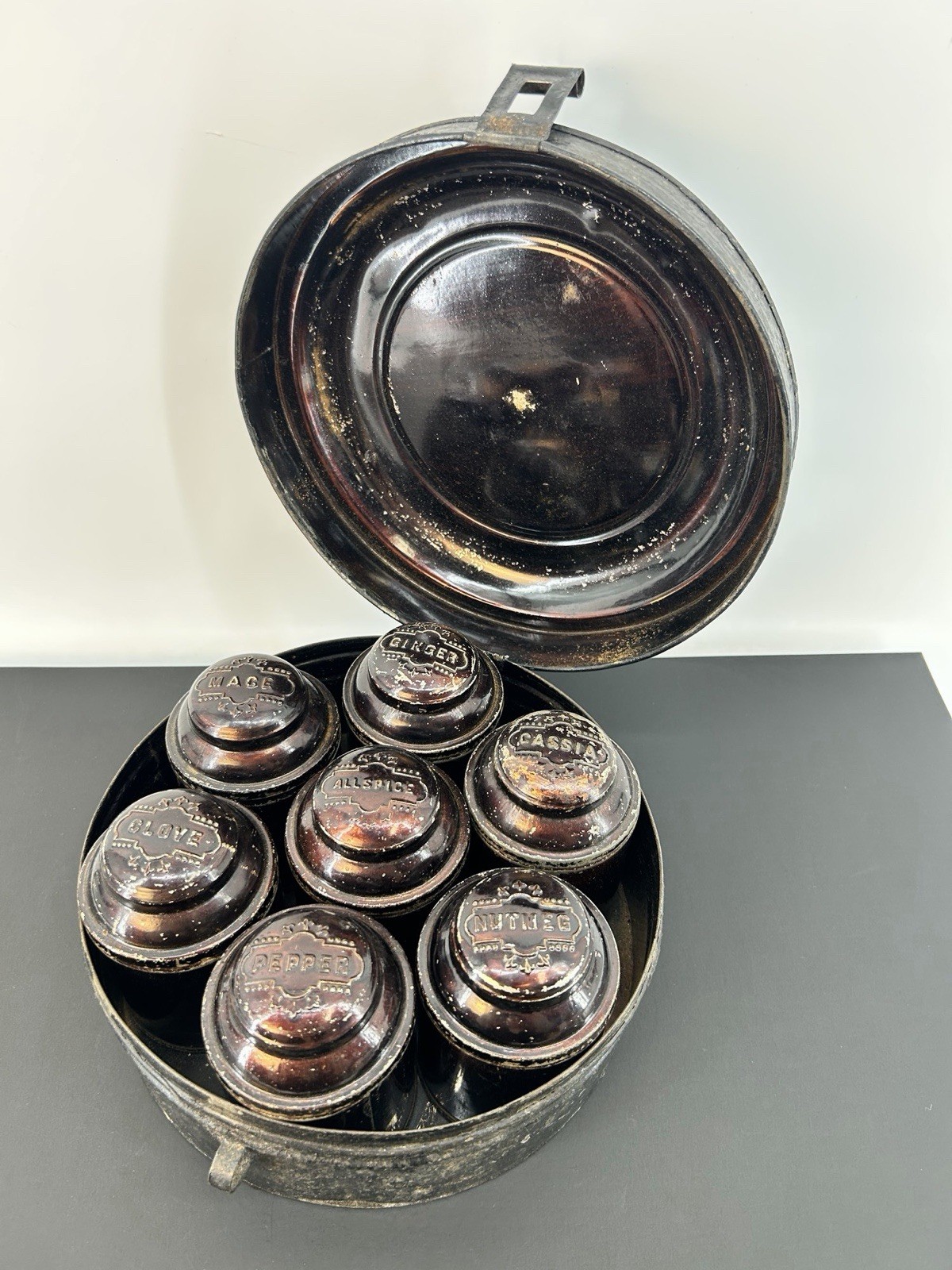 Antique 1830s Toleware Seven Cannister Embossed Spice Tin